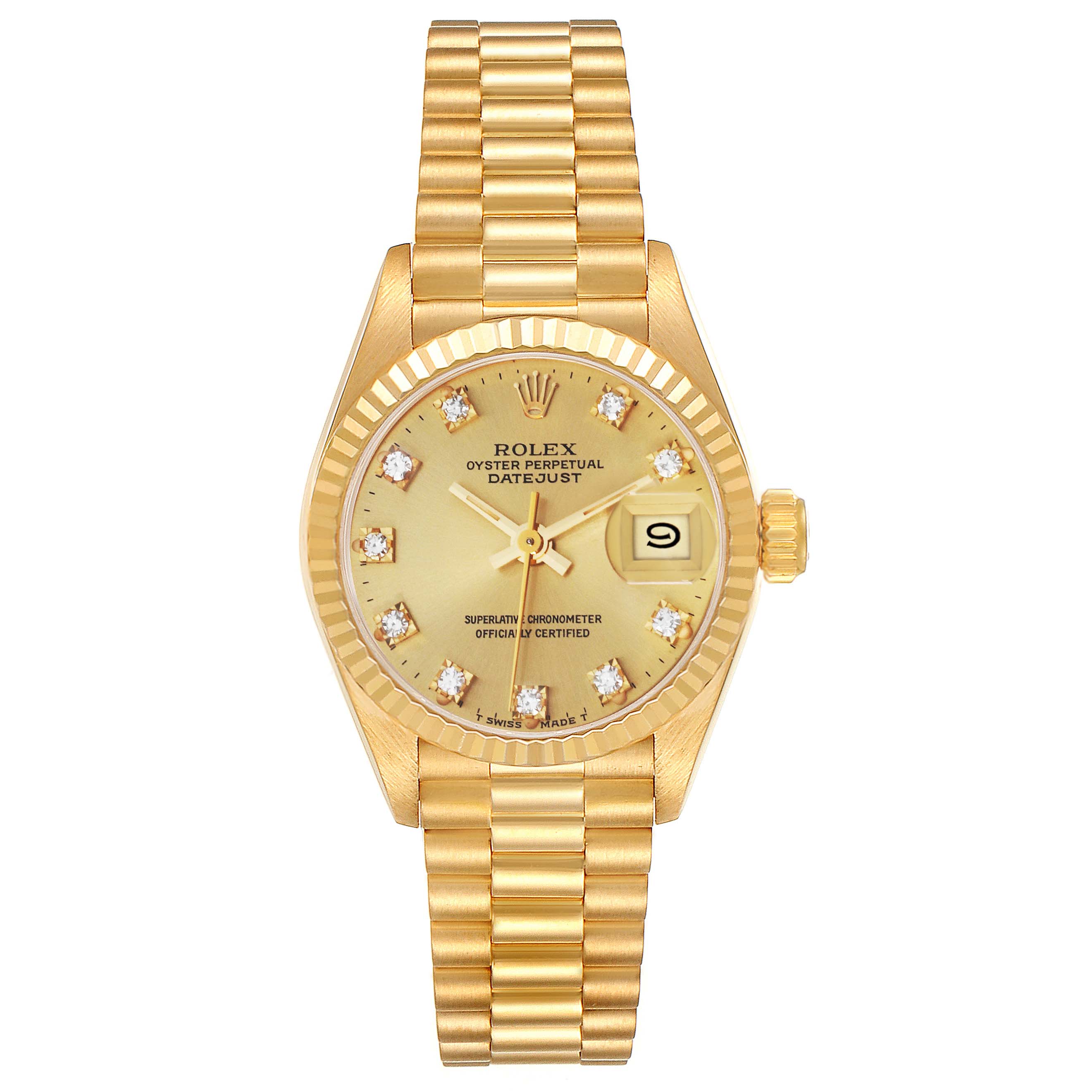 The President model by Rolex is shown from a straight-on angle, displaying its face, bracelet, dial, and date window.