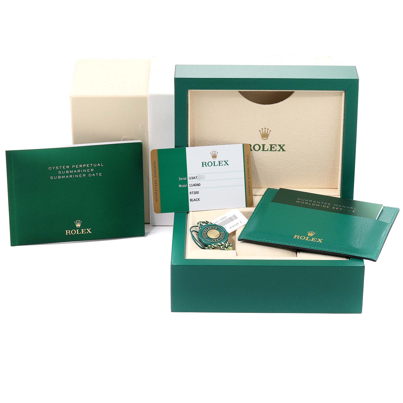 The image shows the packaging, guarantee manual, tags, and identification card for a Rolex Submariner 114060 Men's Stainless Steel Black Dial 114060 Men's Stainless Steel Black Dial watch.