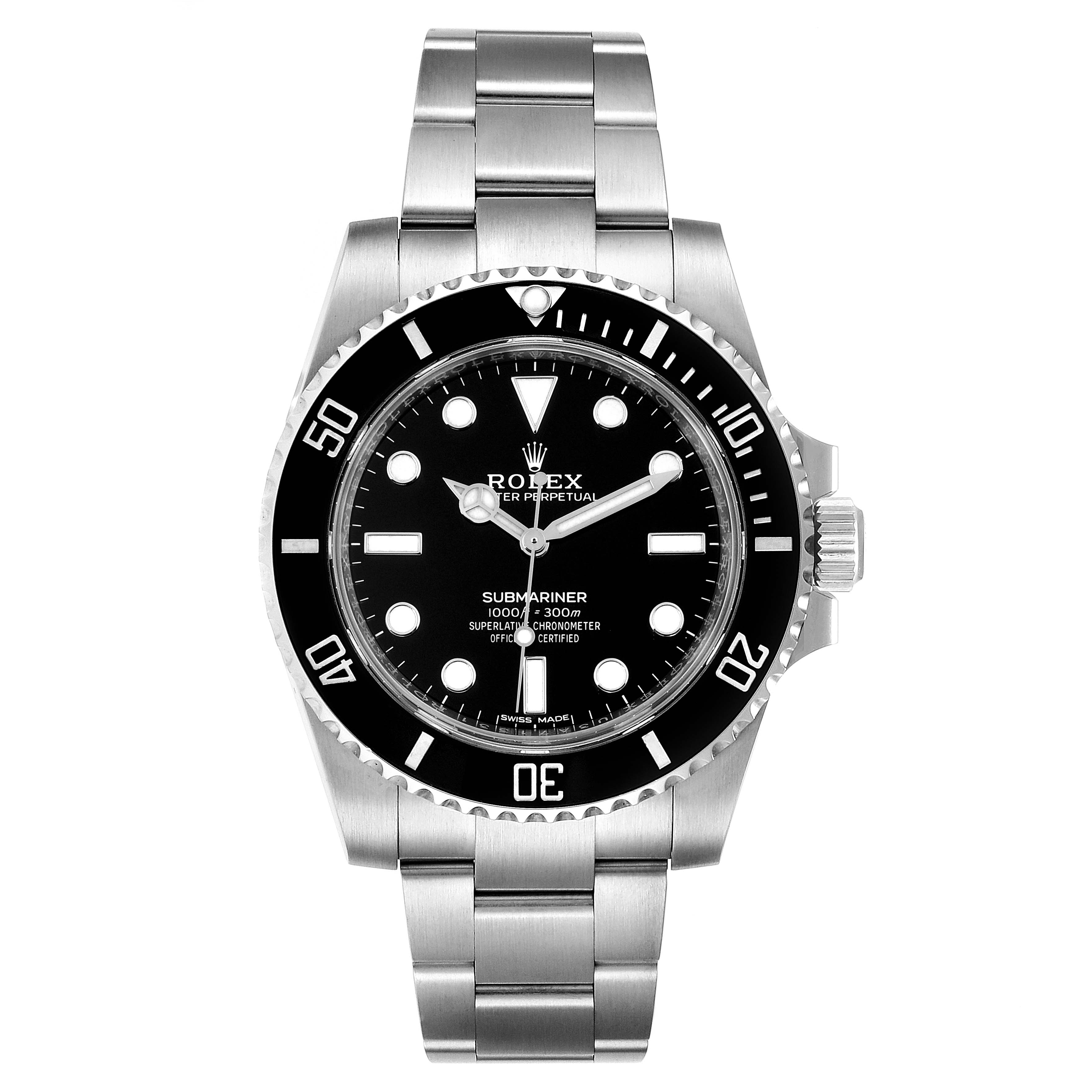 This is a front view of the Rolex Submariner 114060 Men's Stainless Steel Black Dial 114060 Men's Stainless Steel Black Dial showing the dial, bezel, hour markers, hands, and bracelet.