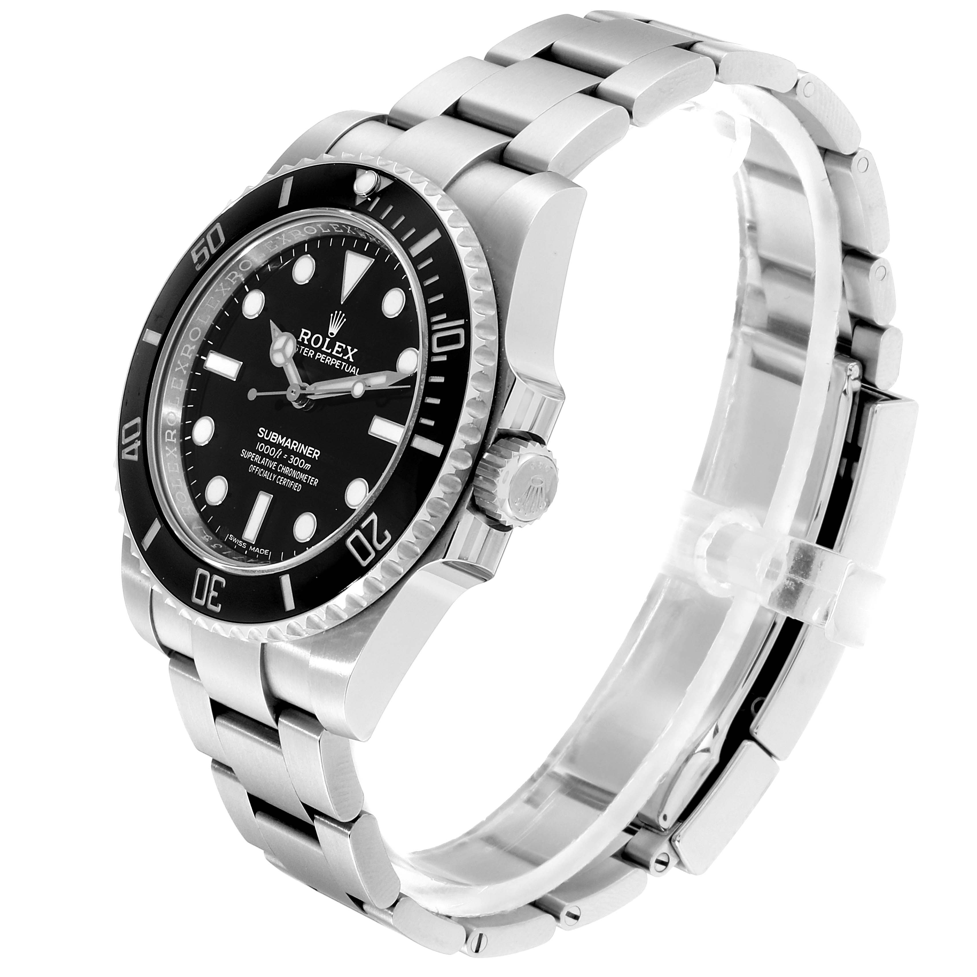 The image shows a Rolex Submariner 114060 Men's Stainless Steel Black Dial 114060 Men's Stainless Steel Black Dial watch at a three-quarter angle, highlighting the face, bezel, crown, and stainless steel bracelet.