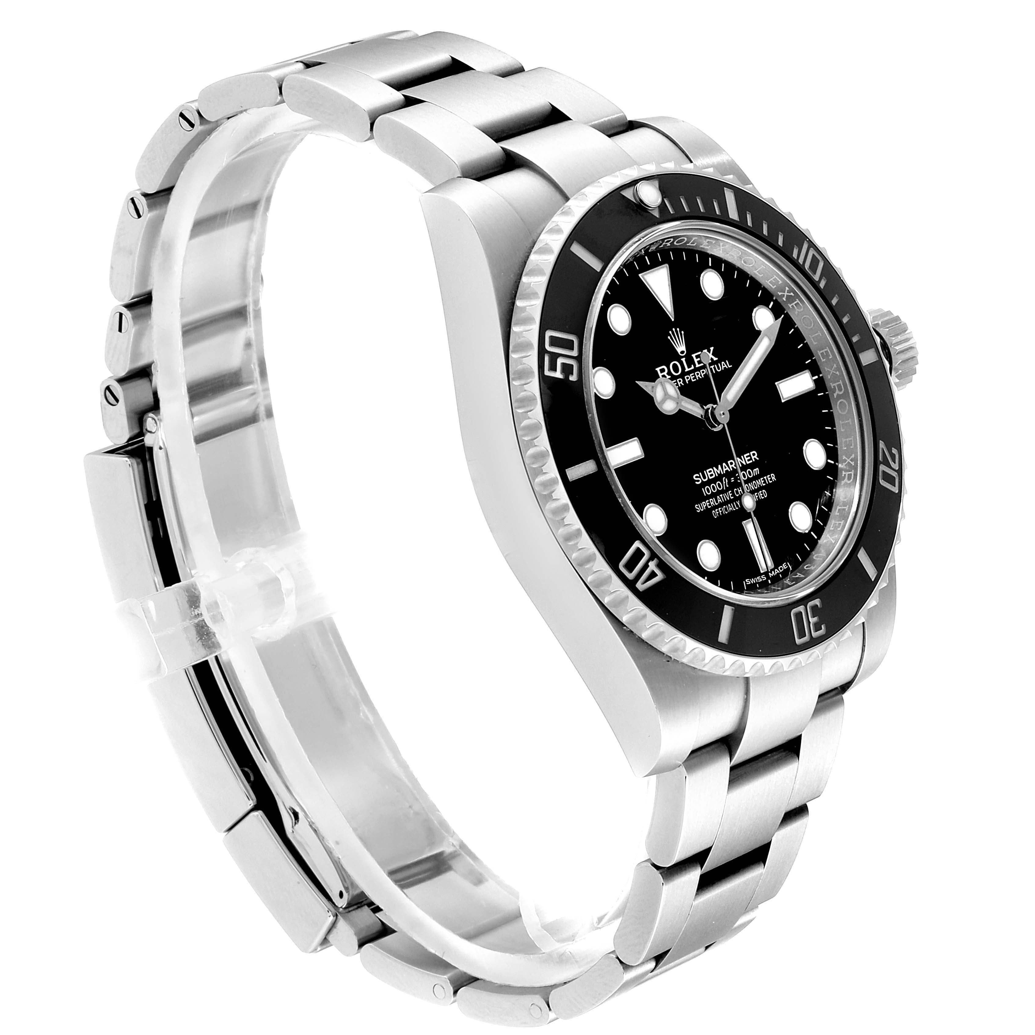 The Rolex Submariner 114060 Men's Stainless Steel Black Dial 114060 Men's Stainless Steel Black Dial watch is shown from a side angle, highlighting its bracelet, bezel, and part of the dial.