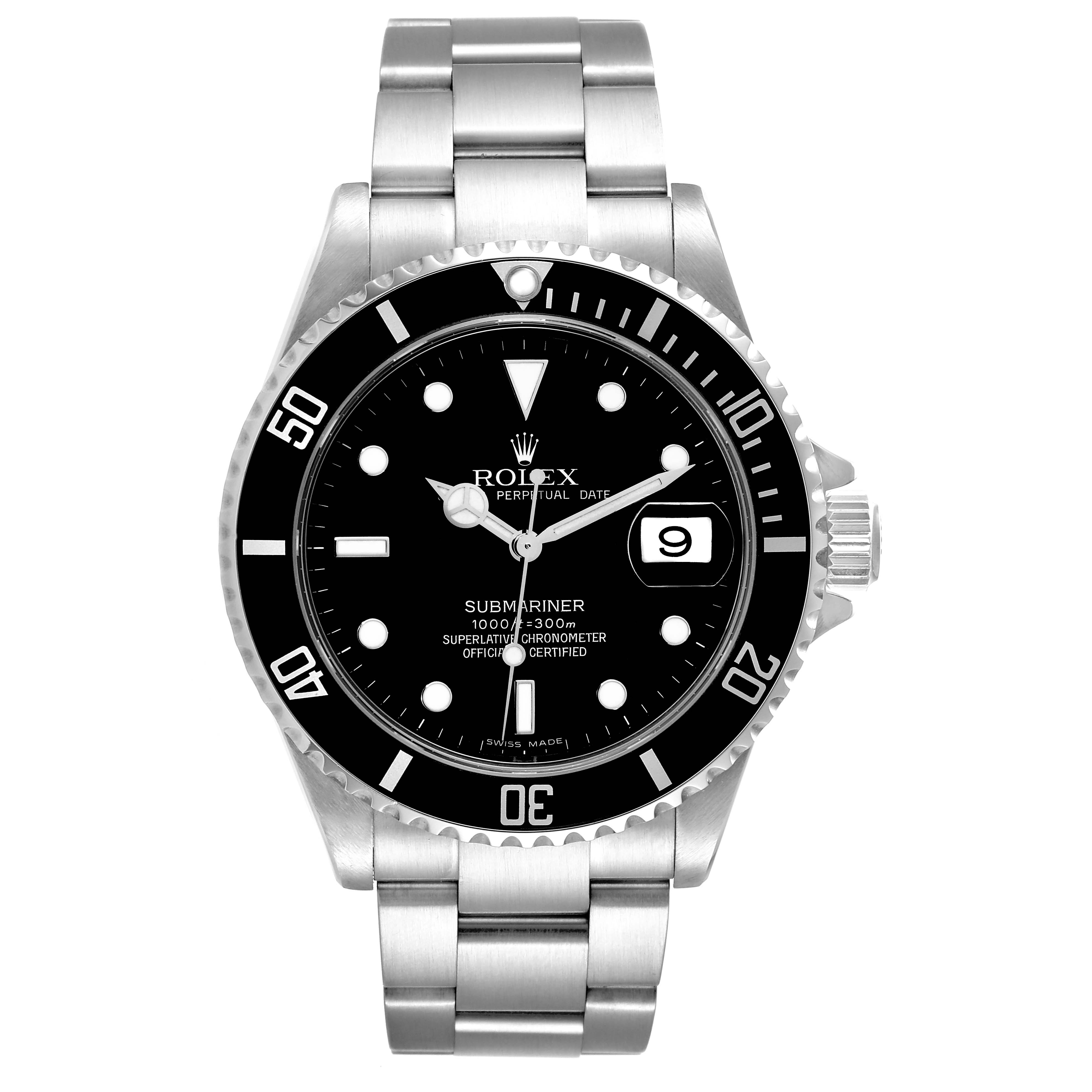 The image shows a front view of a Rolex Submariner 16610 Men
s Stainless Steel Black Dial 16610 Men
s Stainless Steel Black Dial watch, highlighting the dial, bezel, and metal bracelet.