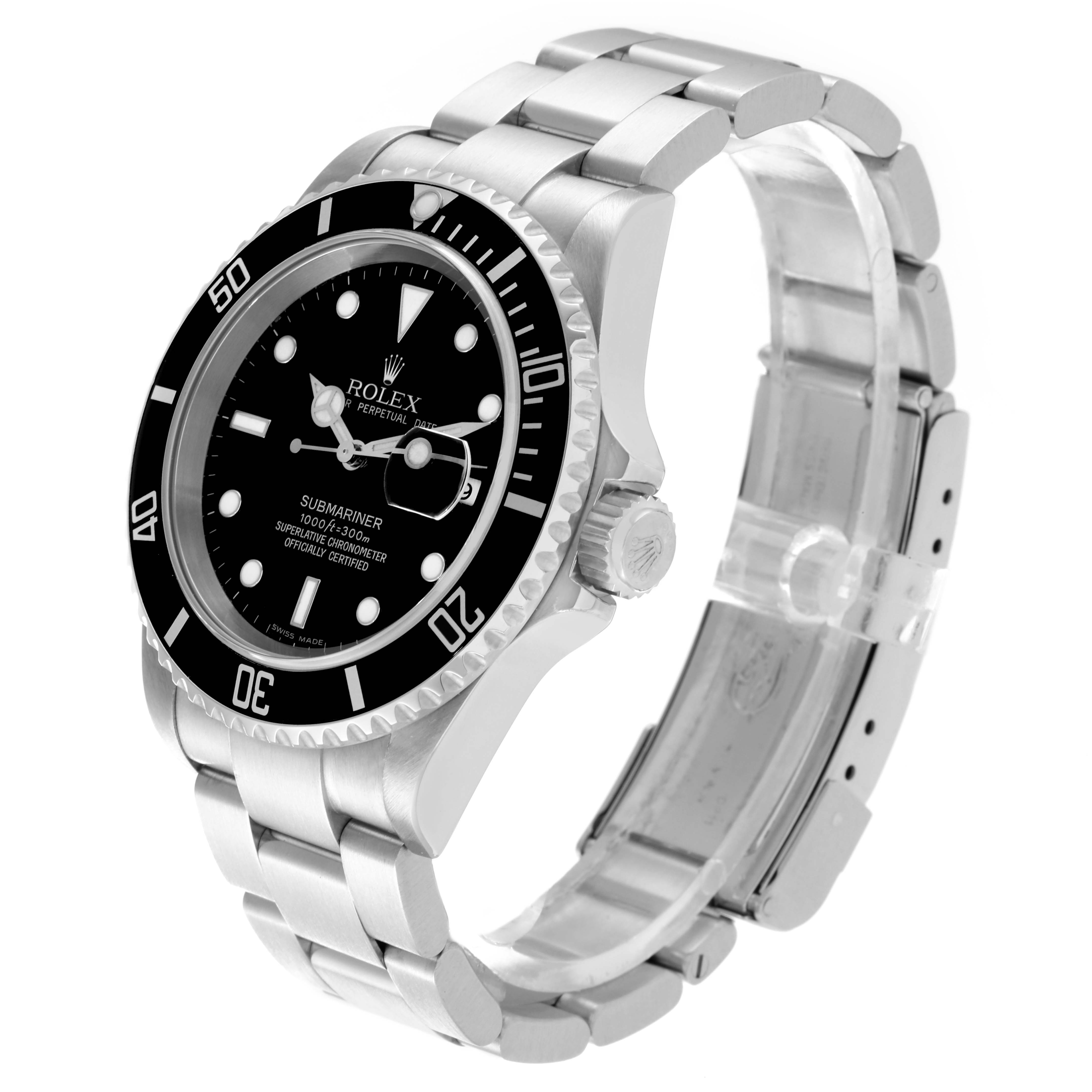 The image shows a Rolex Submariner 16610 Men
s Stainless Steel Black Dial 16610 Men
s Stainless Steel Black Dial watch, viewed from the front-right angle, displaying the dial, bezel, crown, and bracelet.