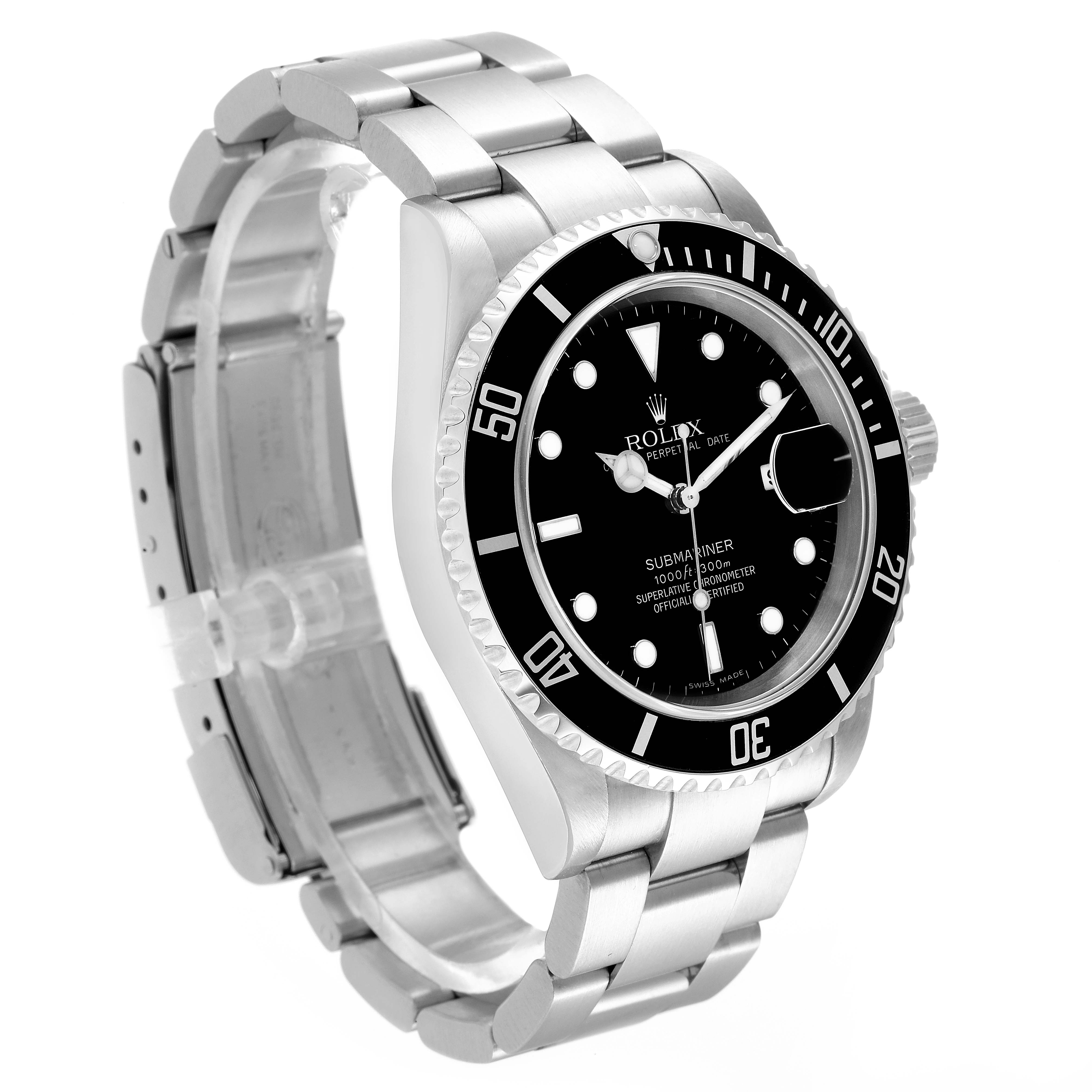 The Rolex Submariner 16610 Men
s Stainless Steel Black Dial 16610 Men
s Stainless Steel Black Dial watch is shown at a slight angle, displaying its dial, bezel, and bracelet.
