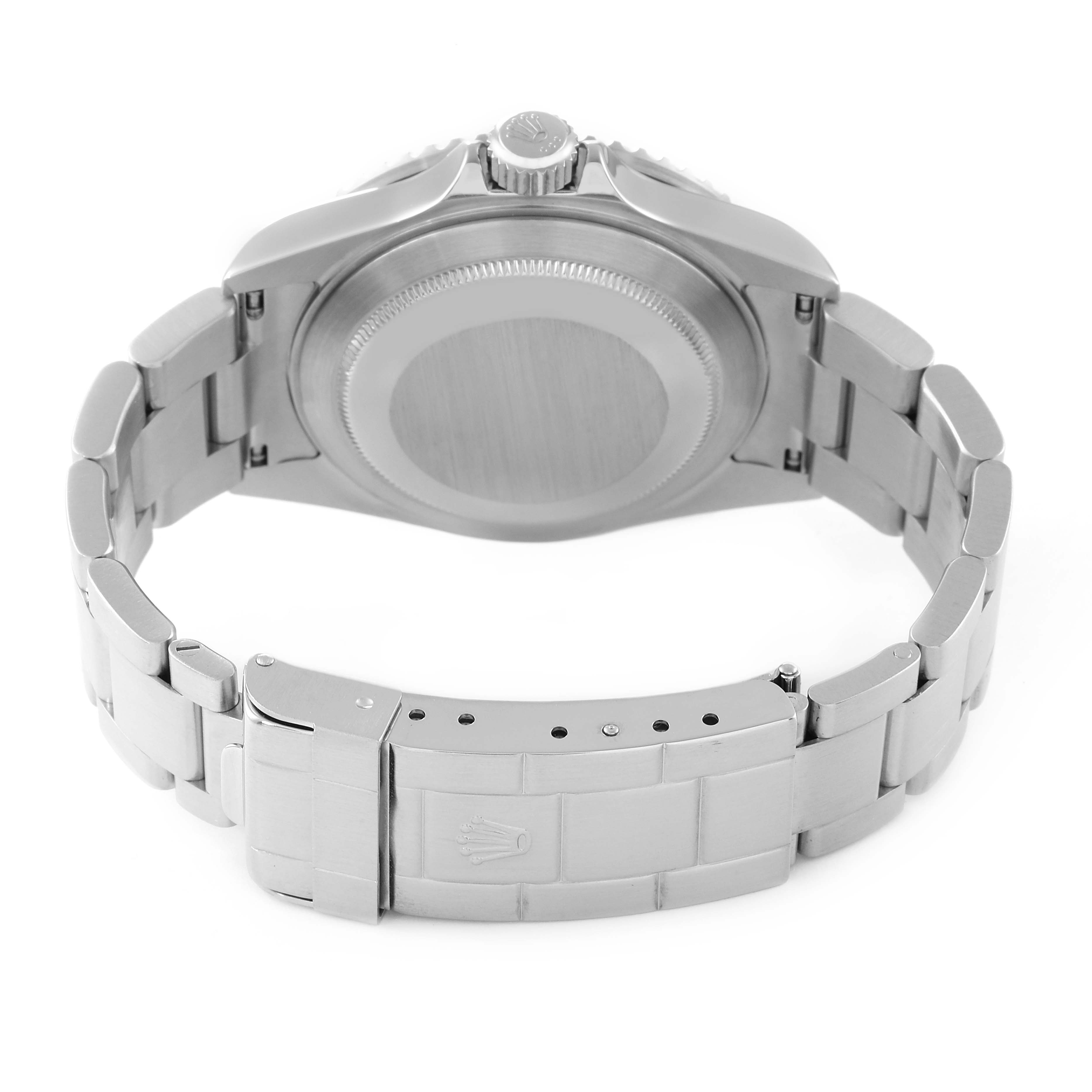 The image shows the underside and clasp of the Rolex Submariner 16610 Men
s Stainless Steel Black Dial 16610 Men
s Stainless Steel Black Dial watch, focusing on the bracelet and case back.