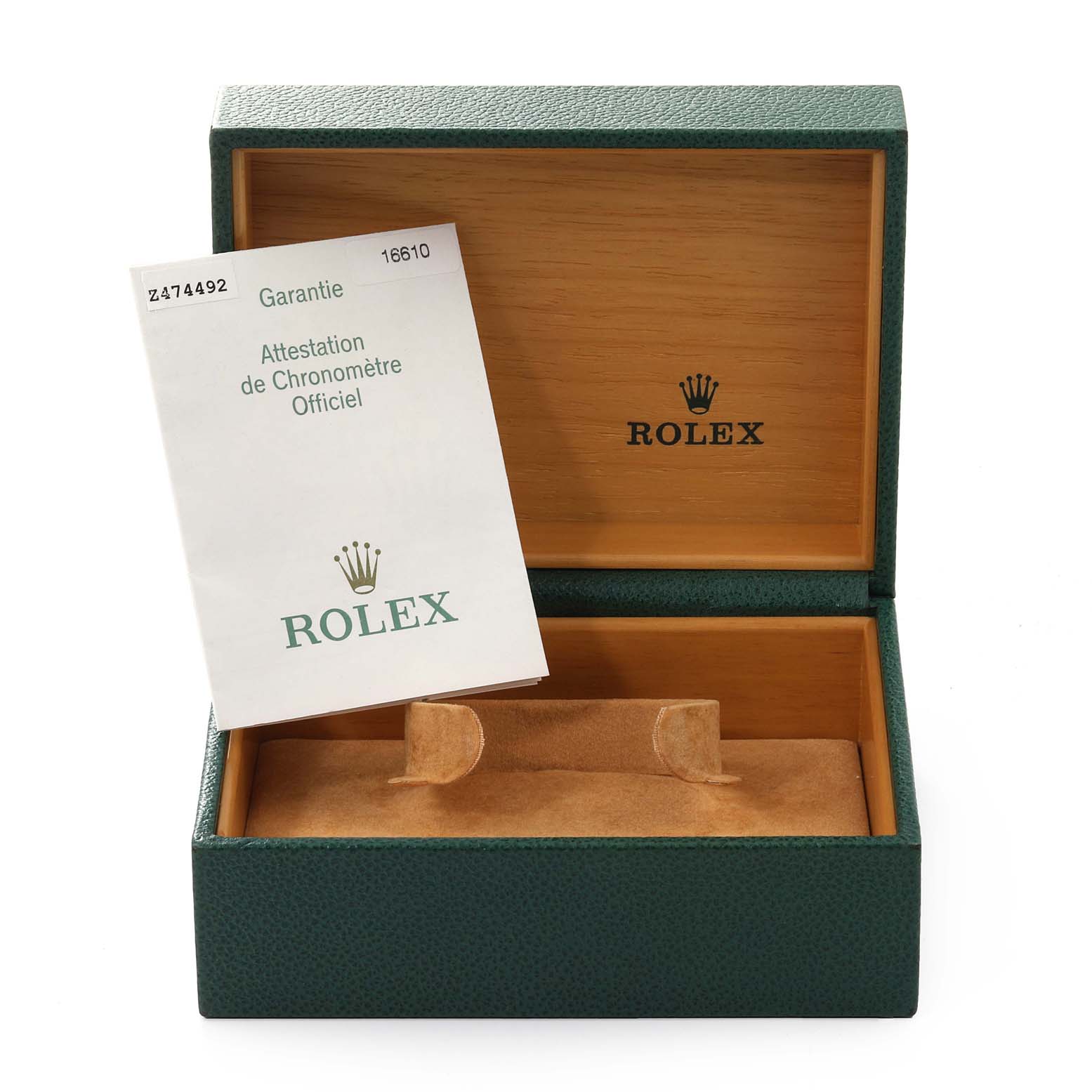 The image shows an open Rolex Submariner 16610 Men
s Stainless Steel Black Dial 16610 Men
s Stainless Steel Black Dial watch box with a warranty card partially inside.