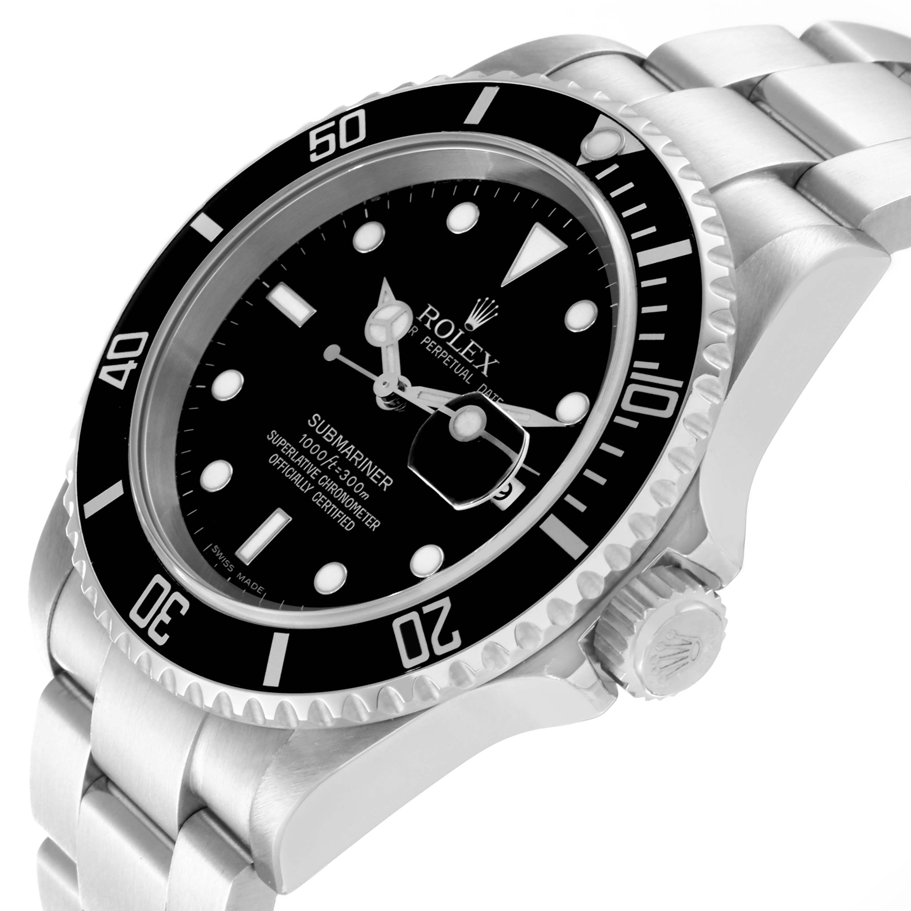 The image showcases a Rolex Submariner 16610 Men
s Stainless Steel Black Dial 16610 Men
s Stainless Steel Black Dial watch from an angled side view, highlighting its bezel, dial, and bracelet.