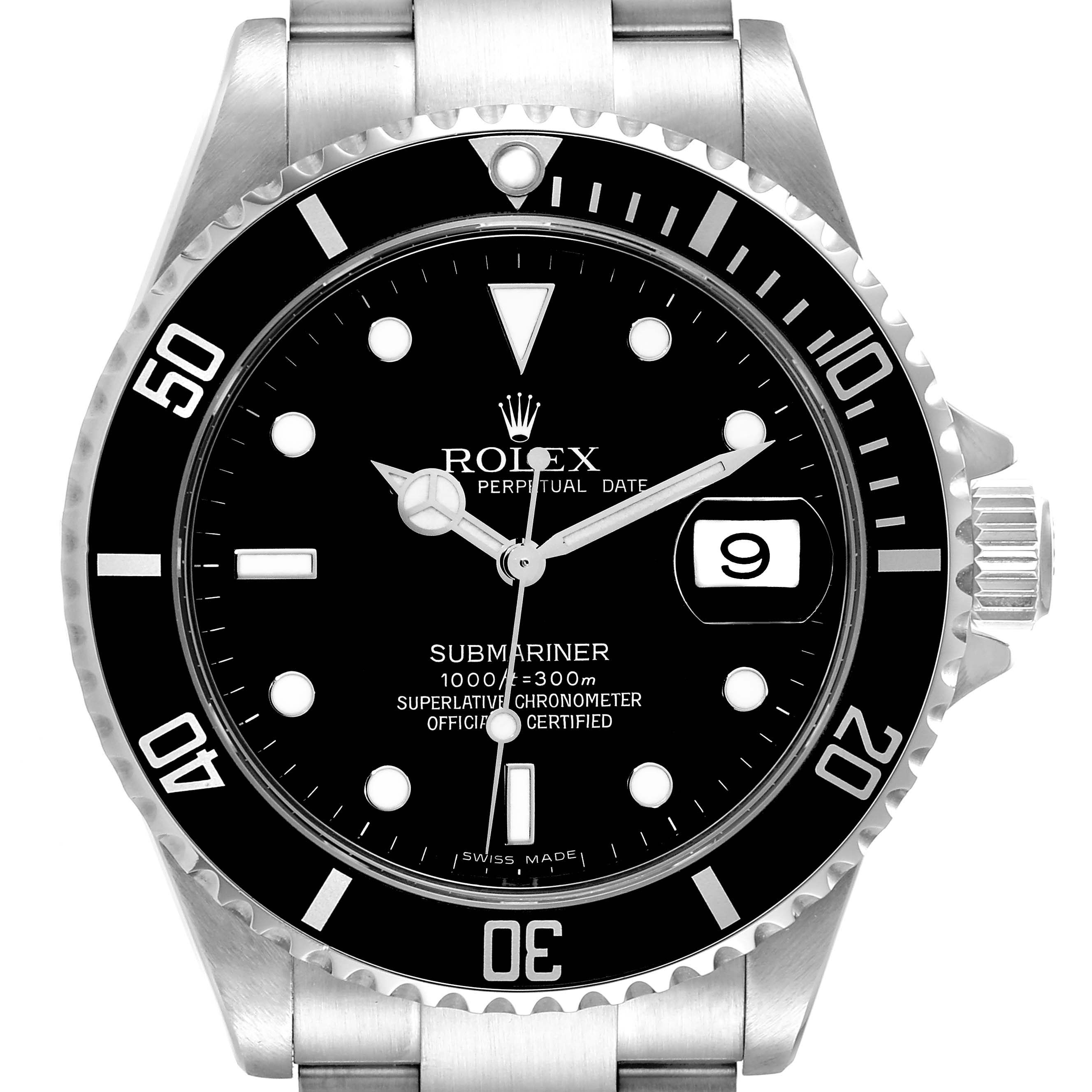 The image shows a front view of a Rolex Submariner 16610 Men
s Stainless Steel Black Dial 16610 Men
s Stainless Steel Black Dial watch, showcasing its black dial, date window, and stainless steel bracelet.