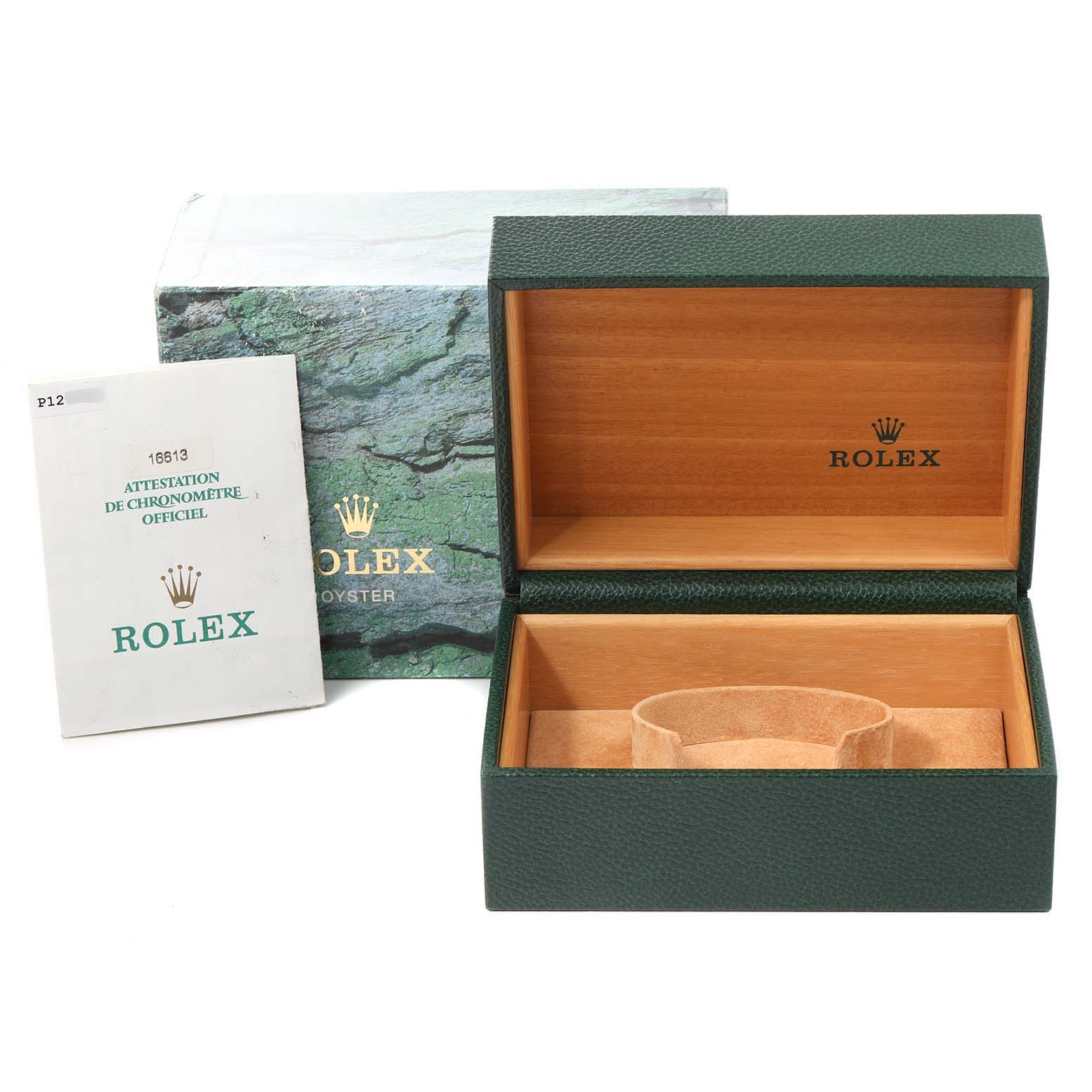 The image shows an empty Rolex Submariner 16613 Men's Steel and Gold (two tone) Black Dial 16613 Men's Steel and Gold (two tone) Black Dial box, booklet, and outer packaging from a front angle.