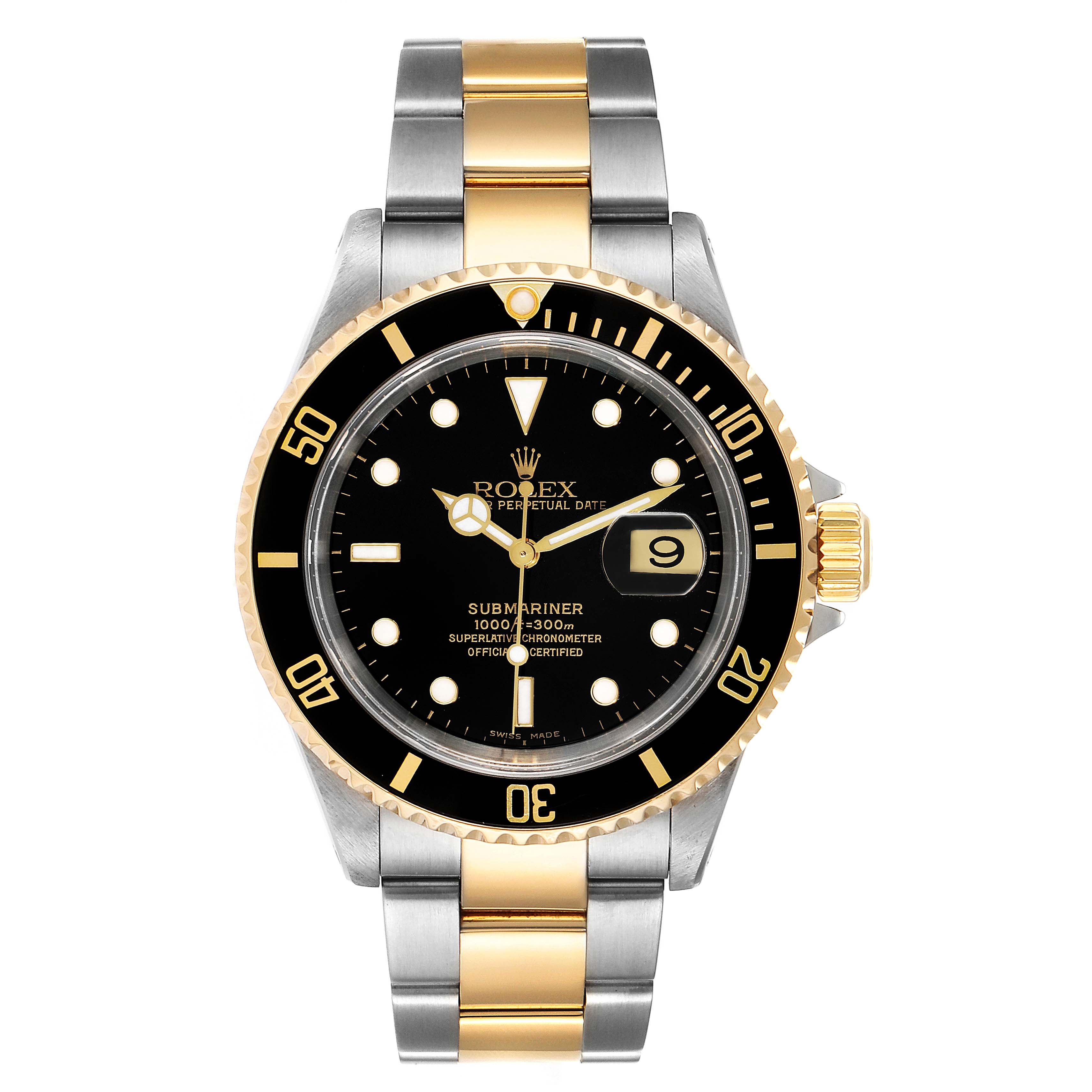 The image shows a Rolex Submariner 16613 Men's Steel and Gold (two tone) Black Dial 16613 Men's Steel and Gold (two tone) Black Dial watch from a front view, highlighting its black dial, gold details, and two-tone bracelet.
