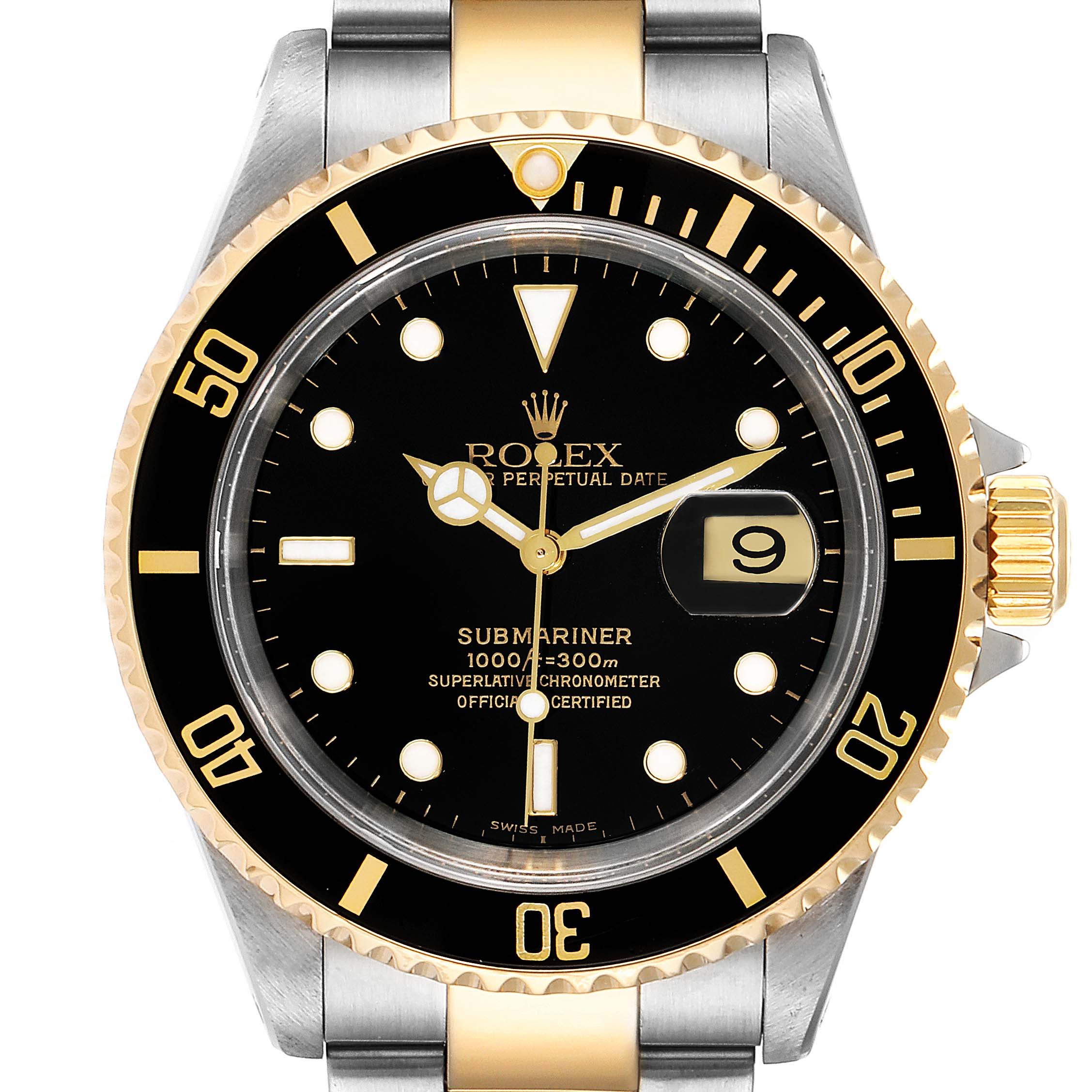 This image shows a frontal view of the Rolex Submariner 16613 Men's Steel and Gold (two tone) Black Dial 16613 Men's Steel and Gold (two tone) Black Dial watch, highlighting its black dial, bezel, and date window at 3 o'clock.