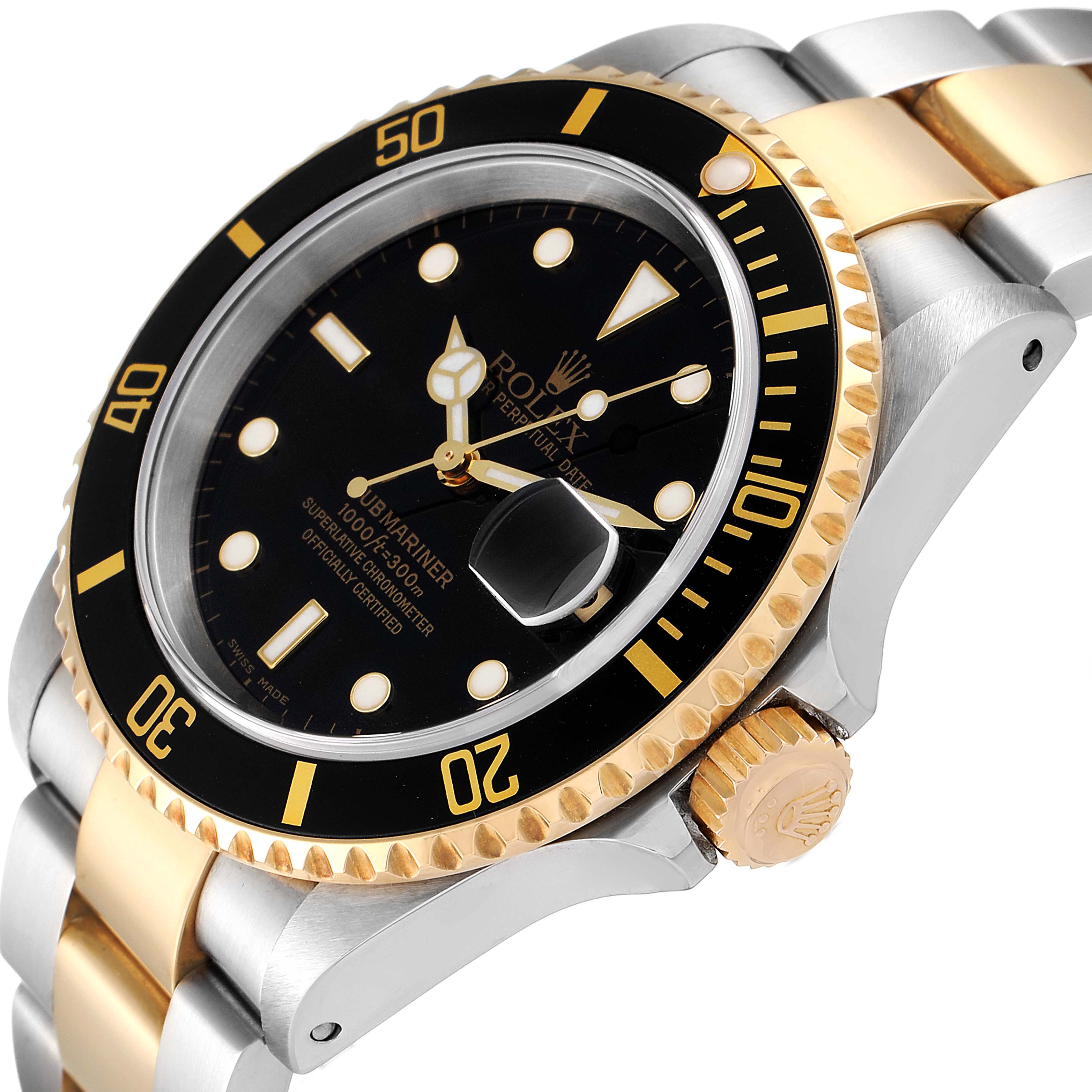 The image shows a close-up angle of a Rolex Submariner 16613 Men's Steel and Gold (two tone) Black Dial 16613 Men's Steel and Gold (two tone) Black Dial watch, highlighting its bezel, dial, and bracelet.