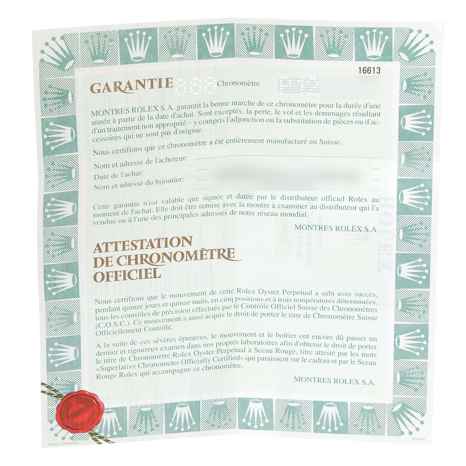 The image shows a warranty and chronometer certificate for a Rolex Submariner 16613 Men's Steel and Gold (two tone) Black Dial 16613 Men's Steel and Gold (two tone) Black Dial model.