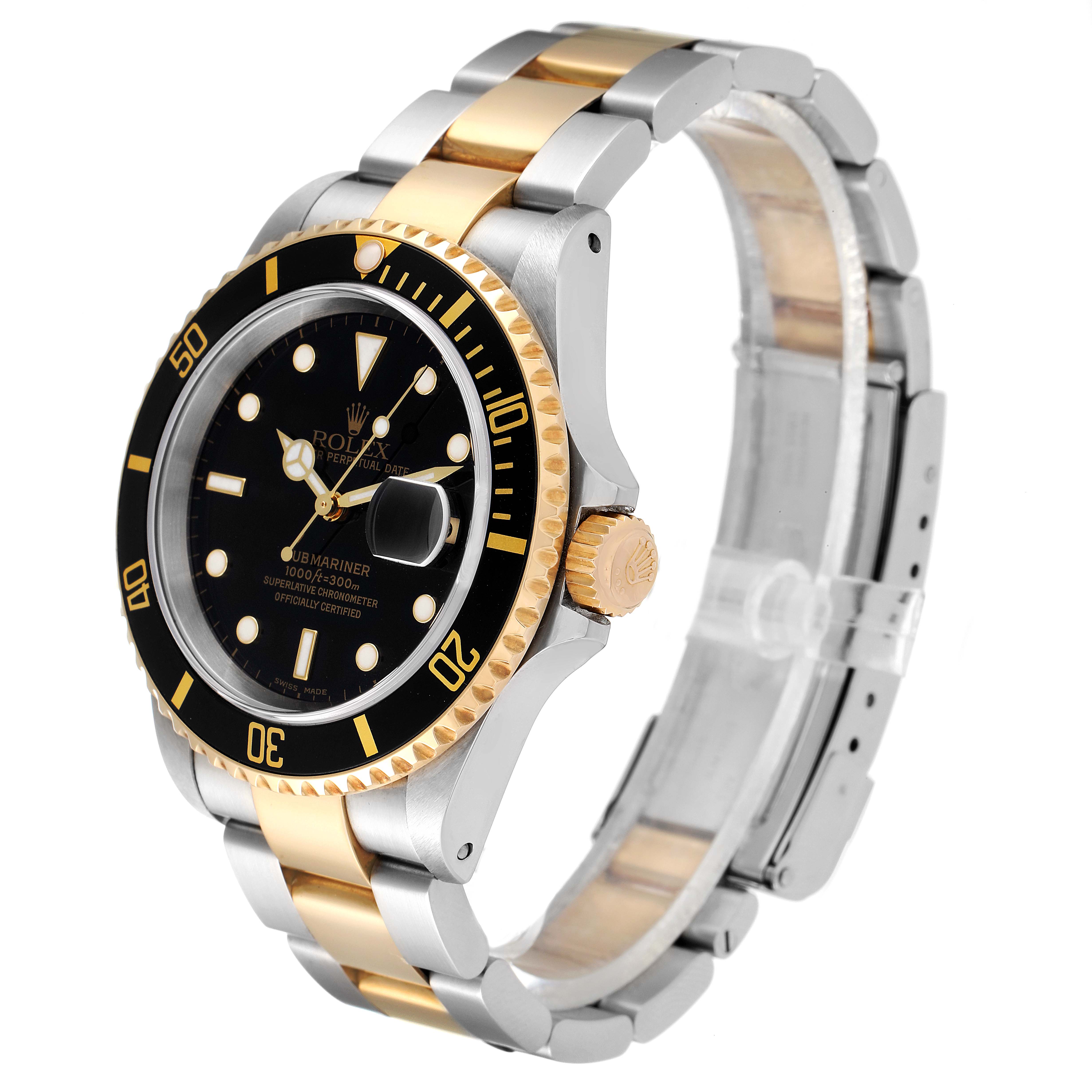 The Rolex Submariner 16613 Men's Steel and Gold (two tone) Black Dial 16613 Men's Steel and Gold (two tone) Black Dial watch is shown at approximately a 45-degree angle, displaying its black dial, bezel, and two-tone bracelet.