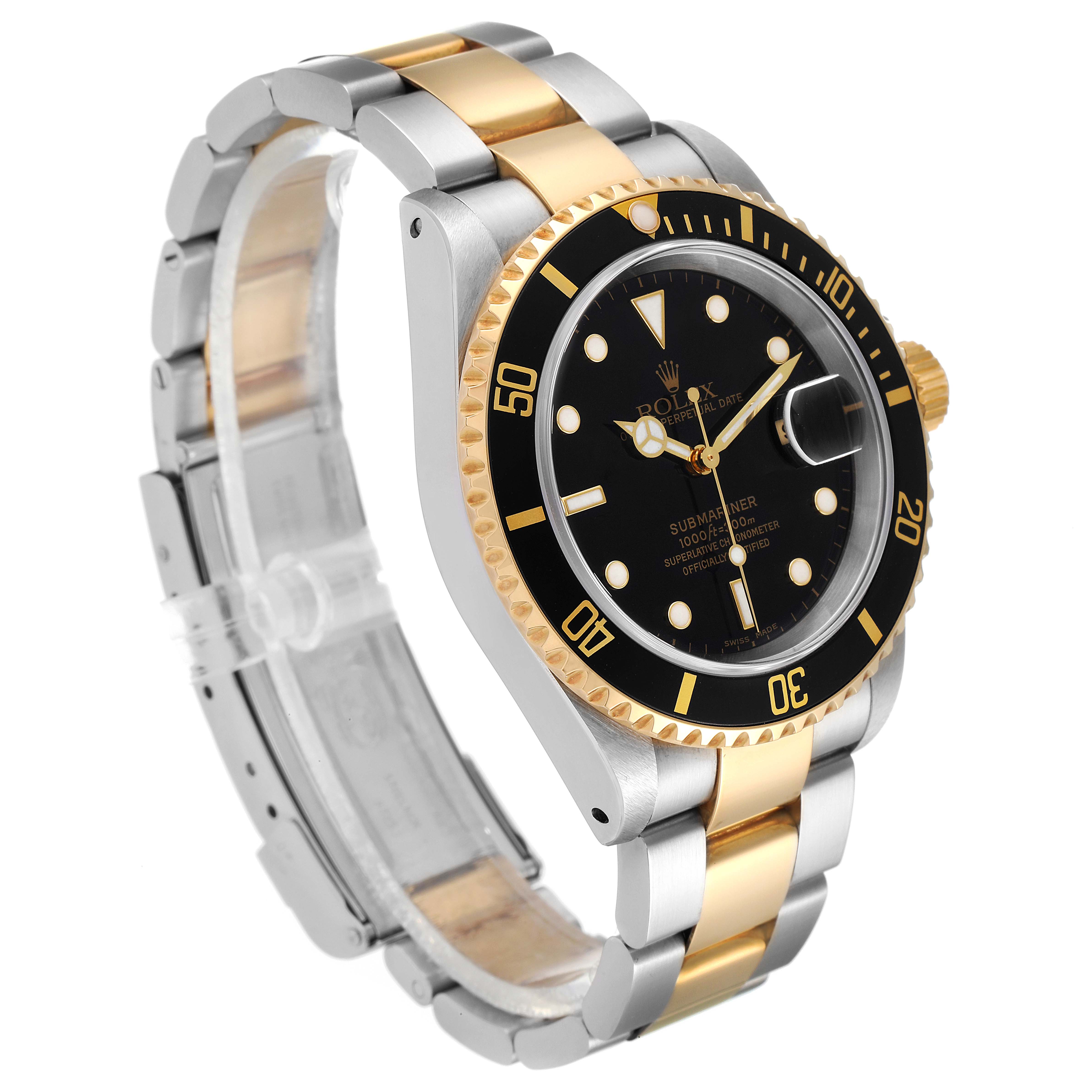 The Rolex Submariner 16613 Men's Steel and Gold (two tone) Black Dial 16613 Men's Steel and Gold (two tone) Black Dial watch is shown at a three-quarter angle, displaying its bezel, case, dial, and two-tone bracelet.