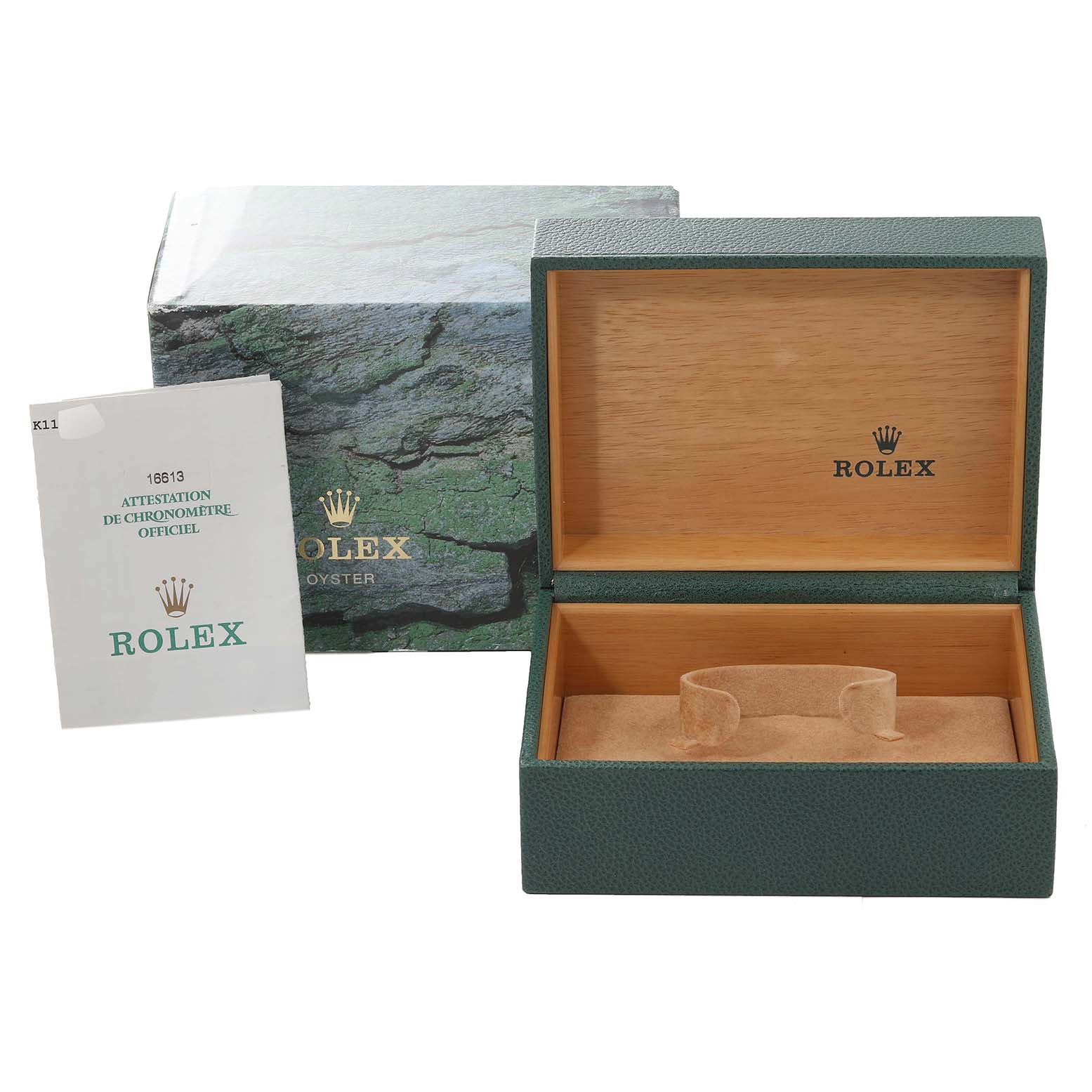 The image shows an empty Rolex Submariner 16613 Men's Steel and Gold (two tone) Blue Dial 16613 Men's Steel and Gold (two tone) Blue Dial watch box with its open lid, an outer case, and a certificate of authenticity.