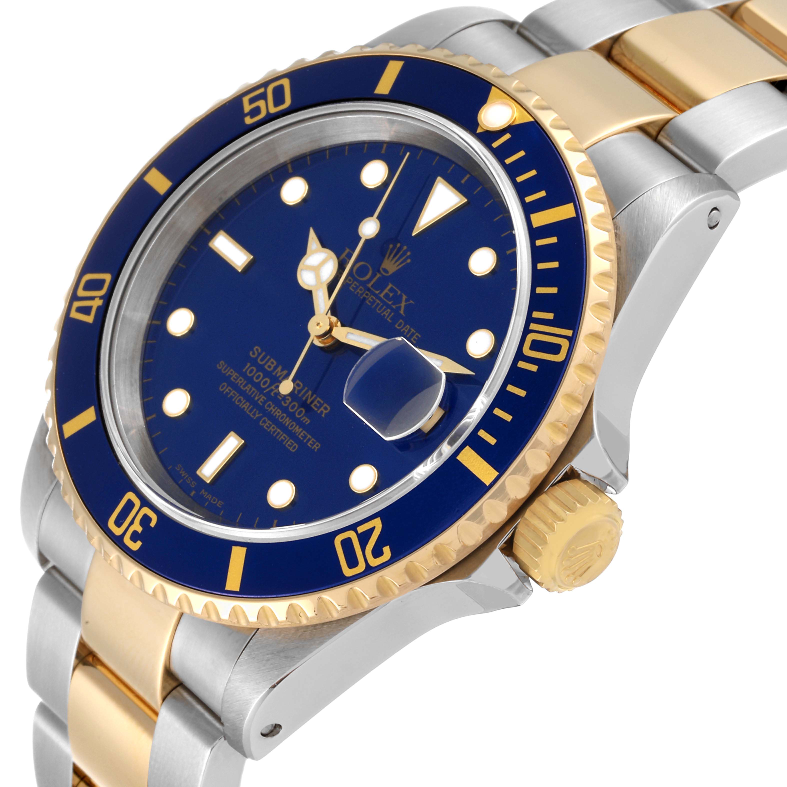 The image shows a close-up side angle of a Rolex Submariner 16613 Men's Steel and Gold (two tone) Blue Dial 16613 Men's Steel and Gold (two tone) Blue Dial watch, displaying the dial, bezel, crown, and part of the bracelet.