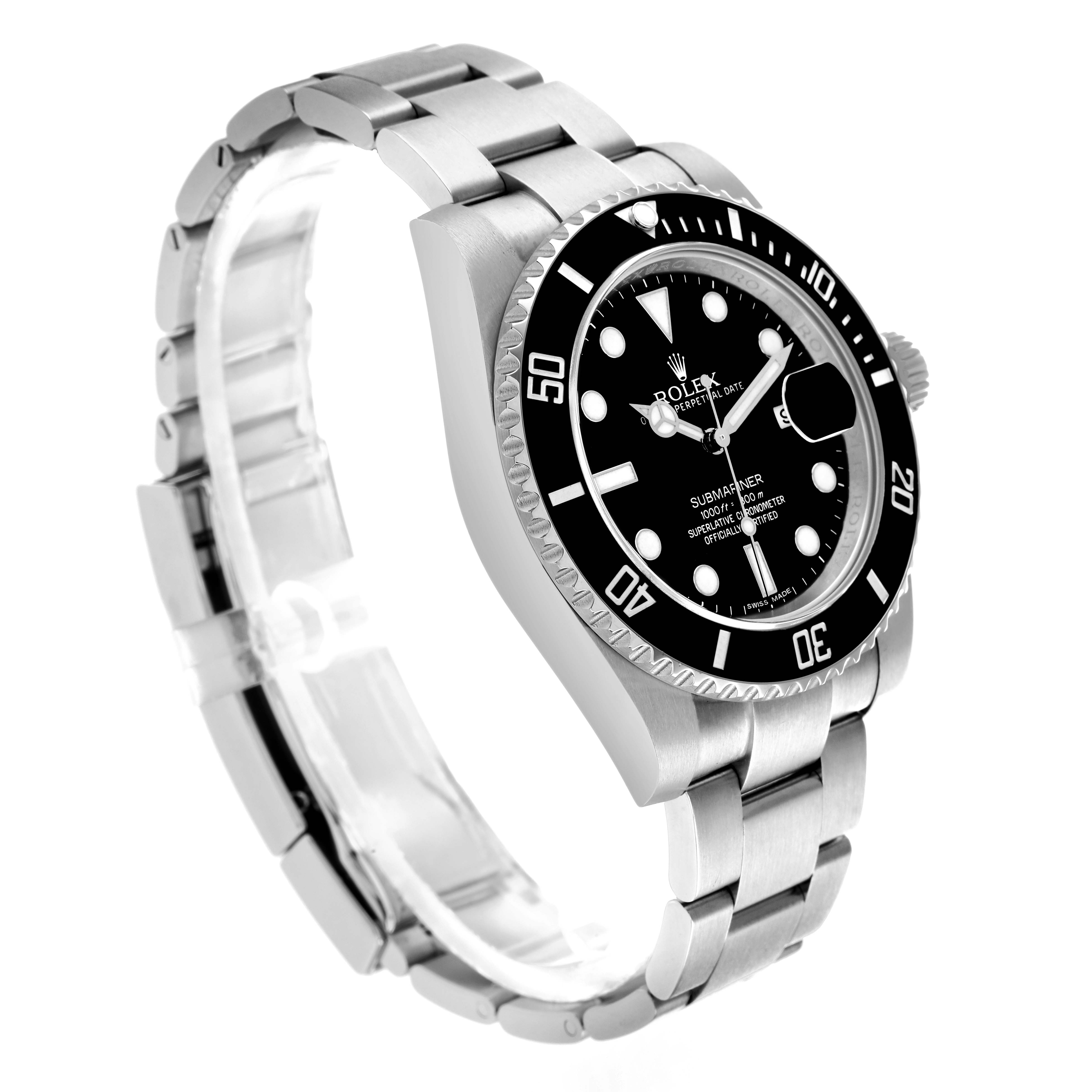 The Rolex Submariner 116610 Men's Stainless Steel Black Dial is shown at an angled side view, displaying the dial, bezel, and bracelet clearly.