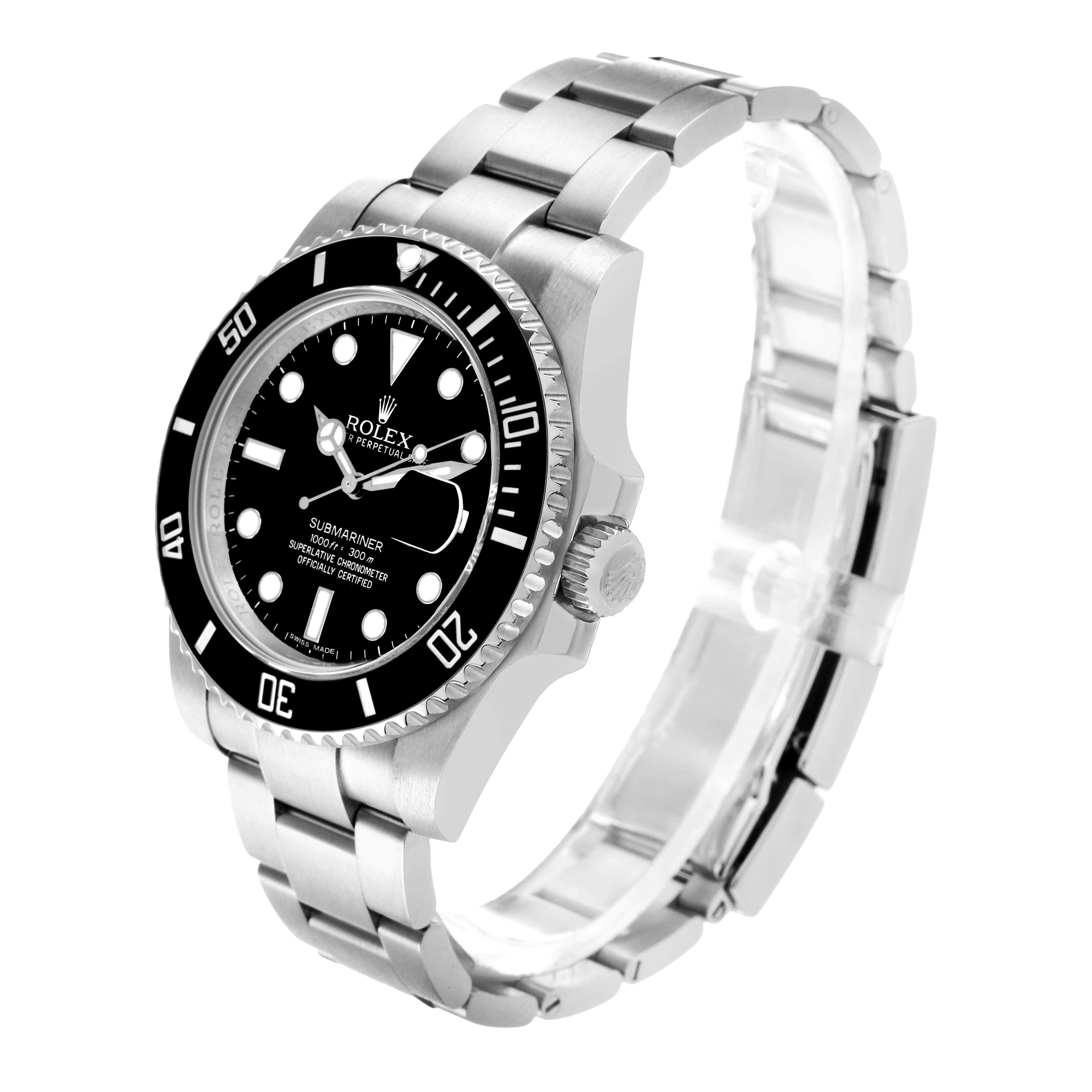 The Rolex Submariner 116610 Men's Stainless Steel Black Dial watch is shown at a three-quarter angle, displaying its bezel, dial, crown, and bracelet.