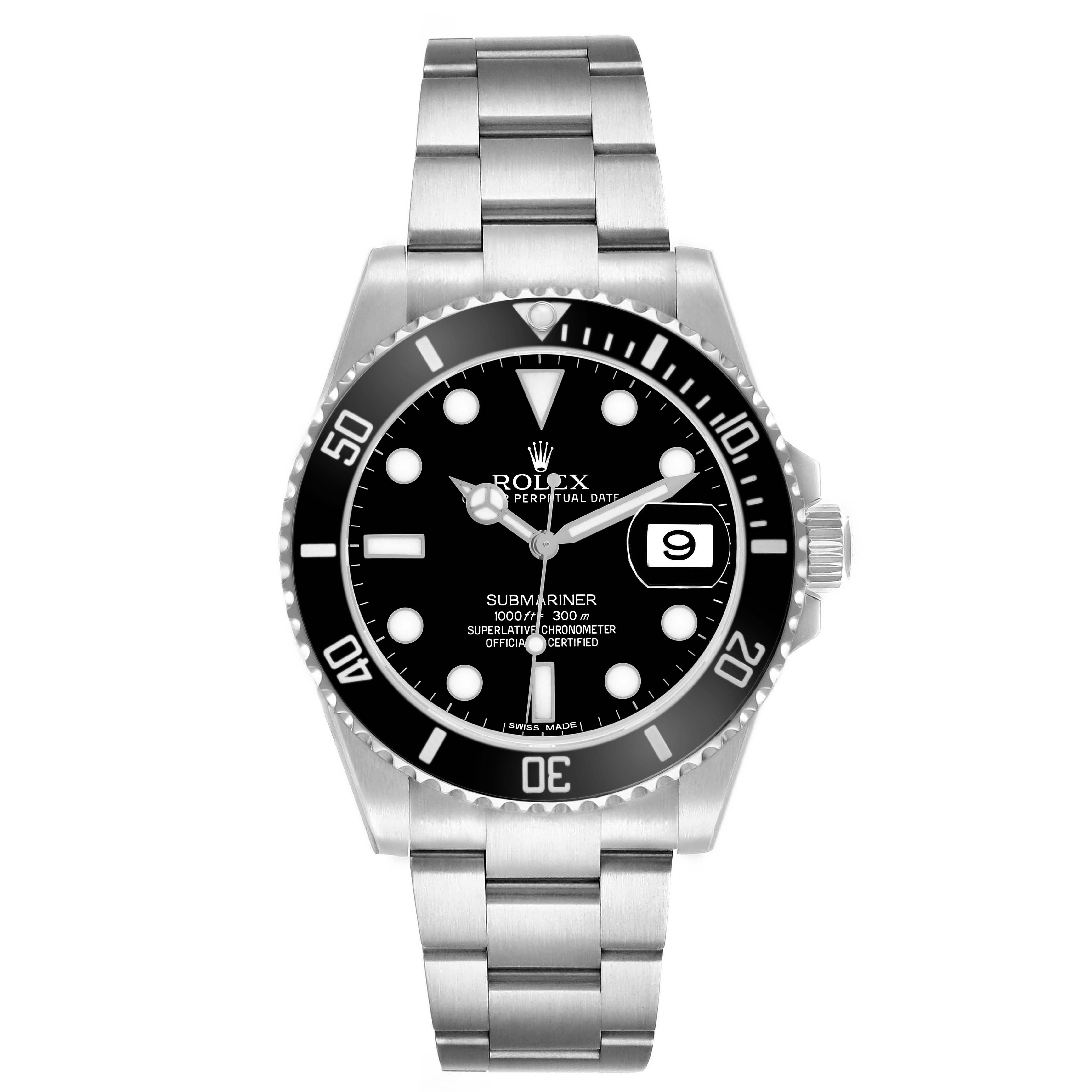 The Rolex Submariner 116610 Men's Stainless Steel Black Dial watch is shown from a front angle, displaying its dial, bezel, and bracelet.