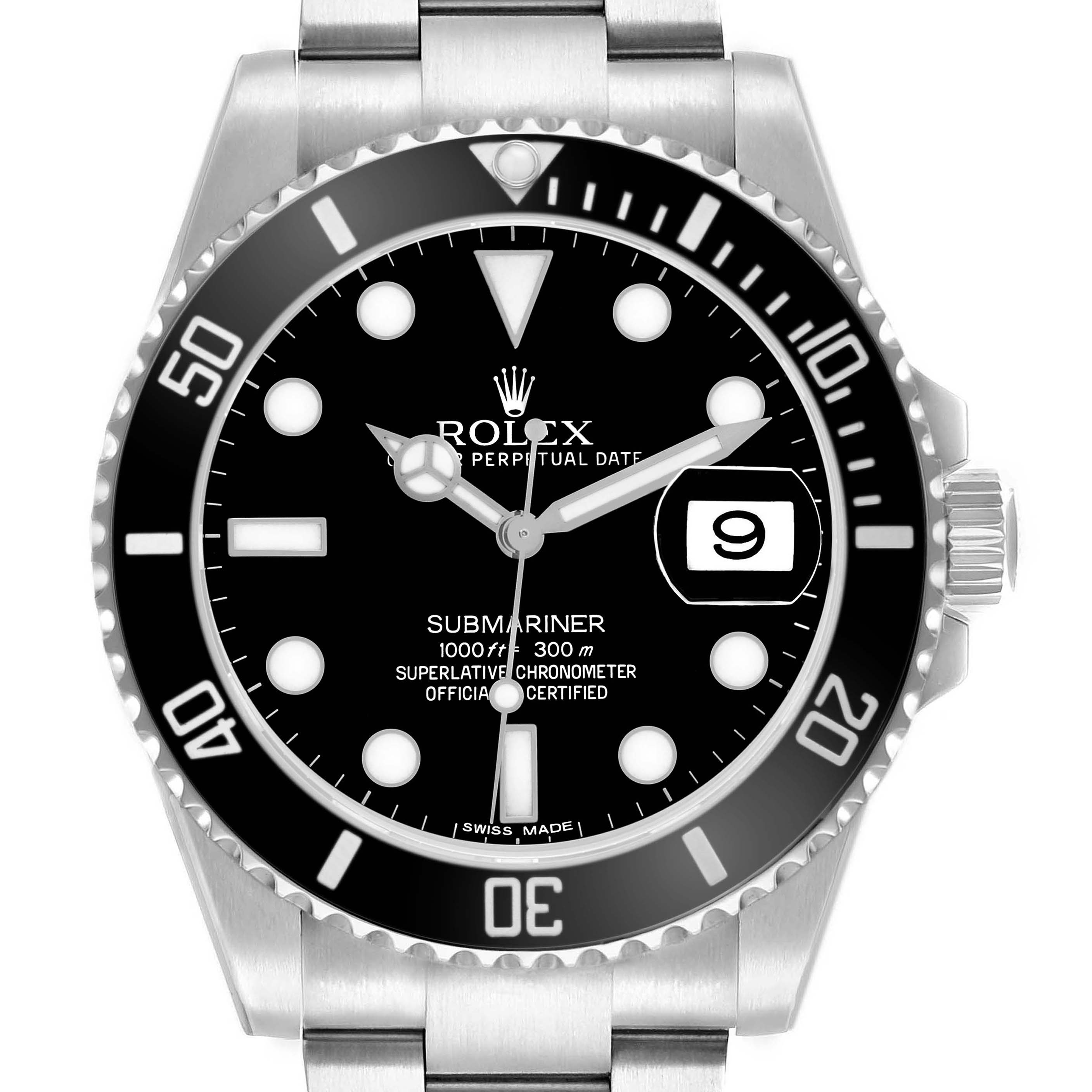 The Rolex Submariner 116610 Men's Stainless Steel Black Dial watch is shown from a front angle, displaying the dial, bezel, and part of the stainless steel bracelet.