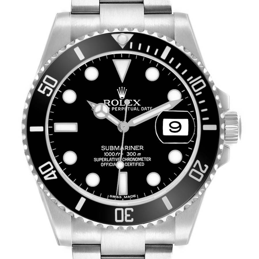 The Rolex Submariner 116610 Men's Stainless Steel Black Dial watch is shown from a front angle, displaying the dial, bezel, and part of the stainless steel bracelet.
