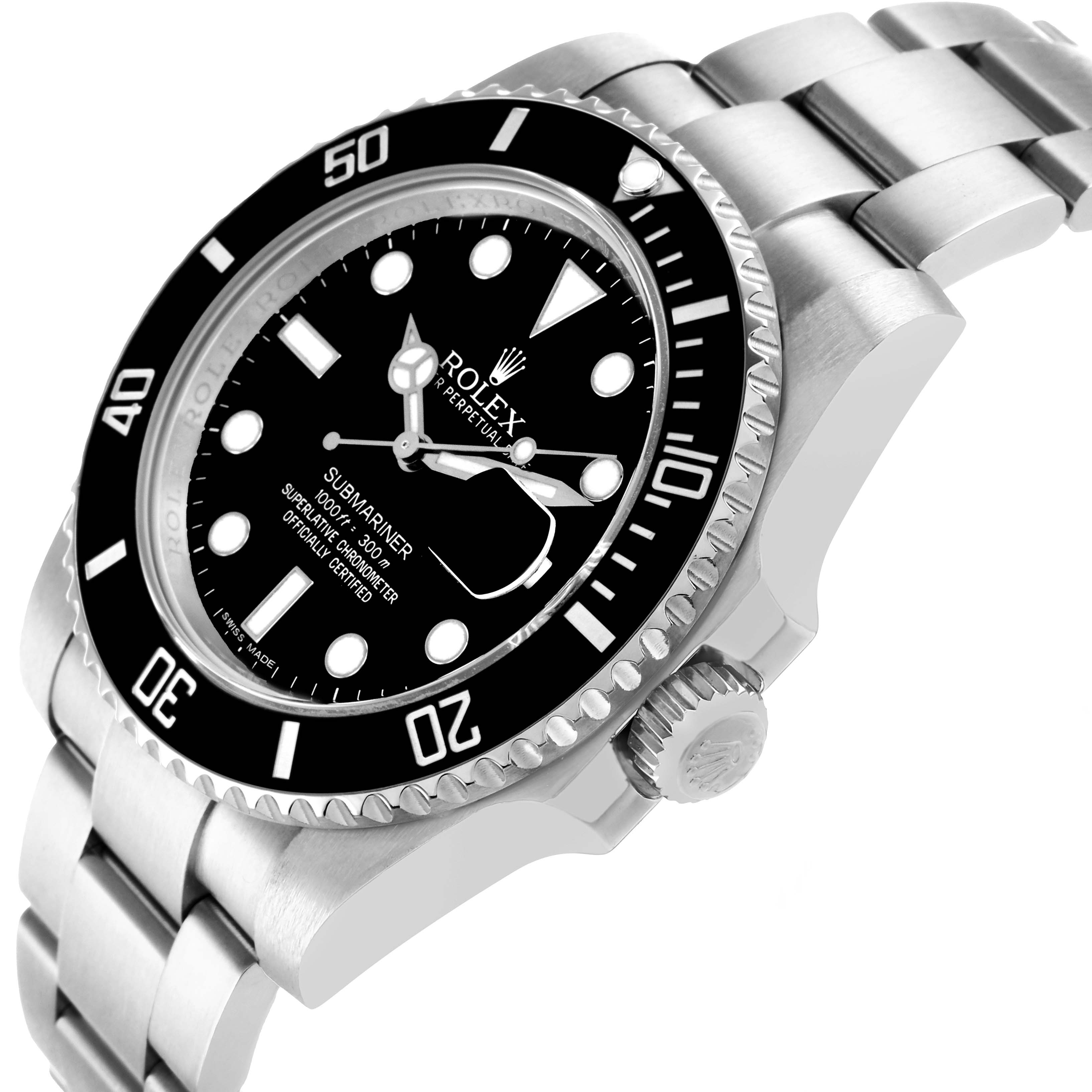 The image shows a side and slightly angled view of the Rolex Submariner 116610 Men's Stainless Steel Black Dial, highlighting its bezel, crown, and bracelet.