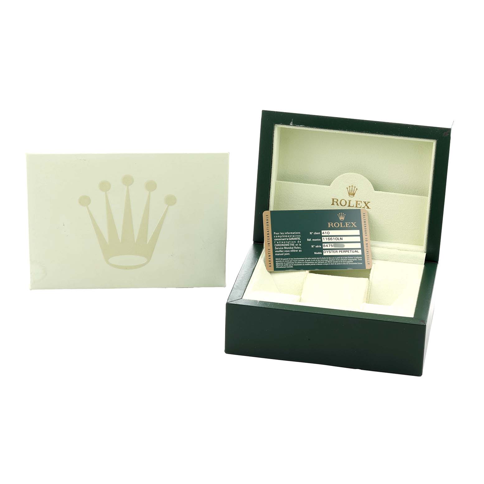 The image shows a Rolex Submariner 116610 Men's Stainless Steel Black Dial watch box, warranty card, and an envelope, viewed from the front.
