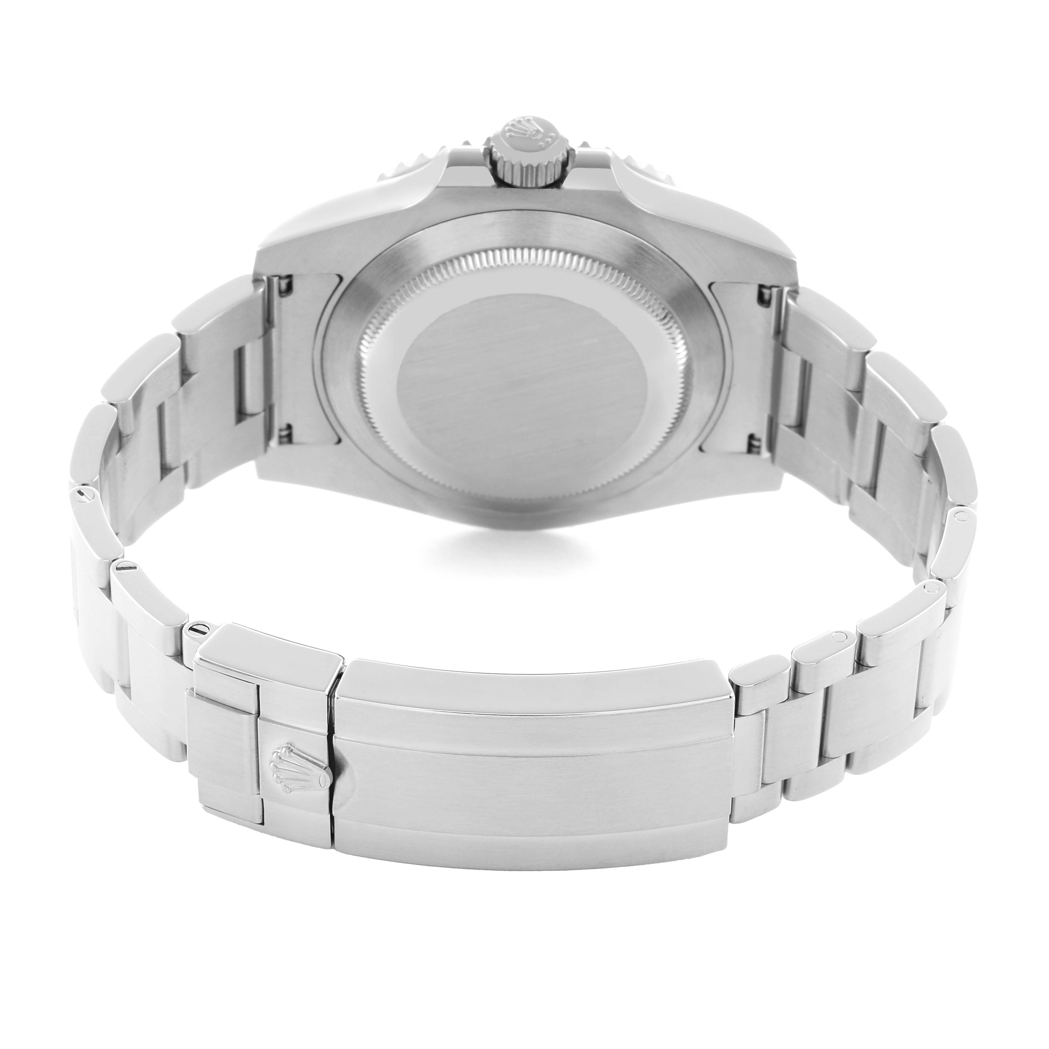 The image shows the back view of a Rolex Submariner 116610 Men's Stainless Steel Black Dial, highlighting the case back and the clasp of the bracelet.