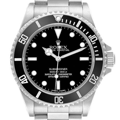 The Rolex Submariner 14060M Men's Stainless Steel Black Dial watch is shown from a straight-on angle, highlighting the dial, bezel, and part of the bracelet.