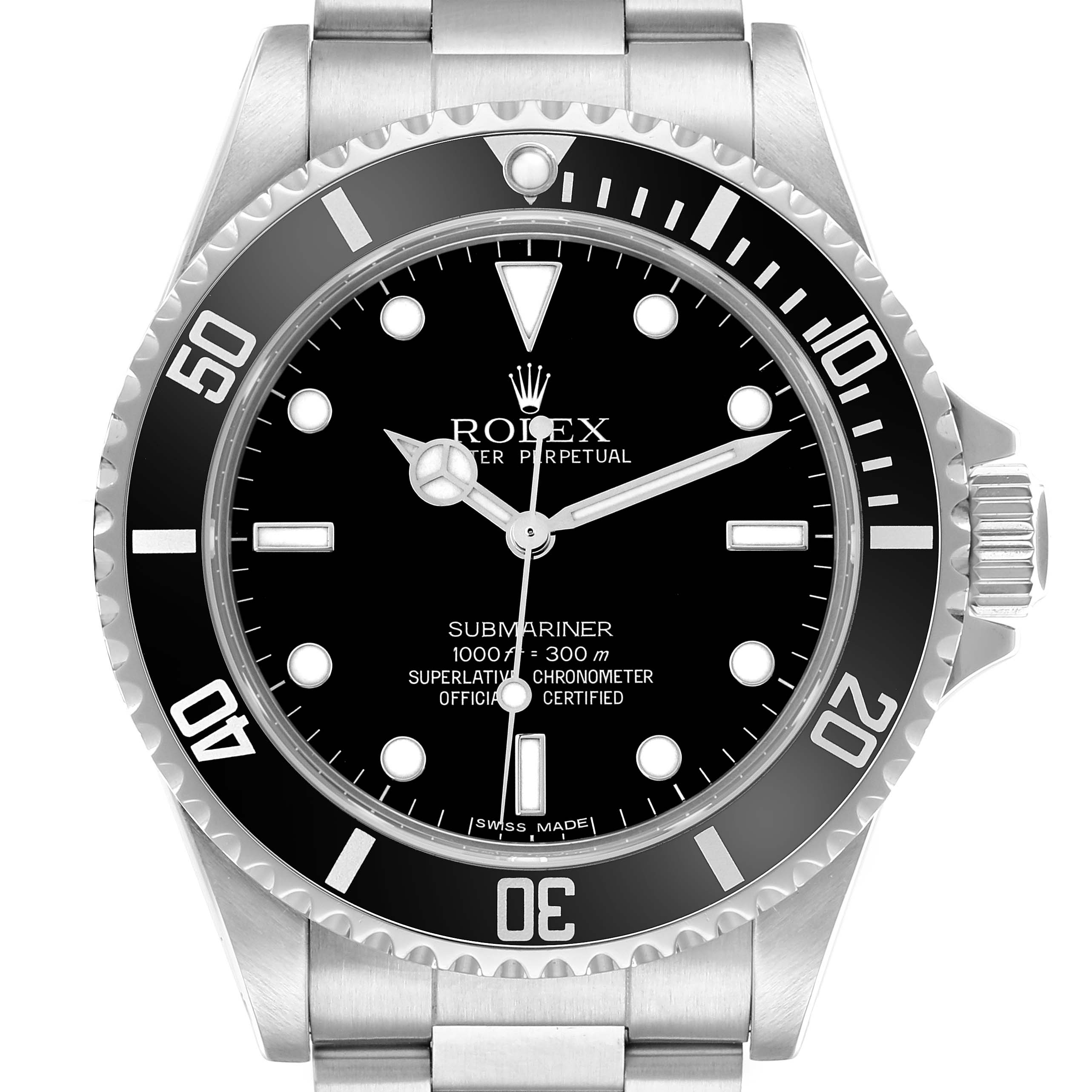 The image shows a front-facing view of the Rolex Submariner 14060M Men's Stainless Steel Black Dial, highlighting its dial, bezel, and bracelet.