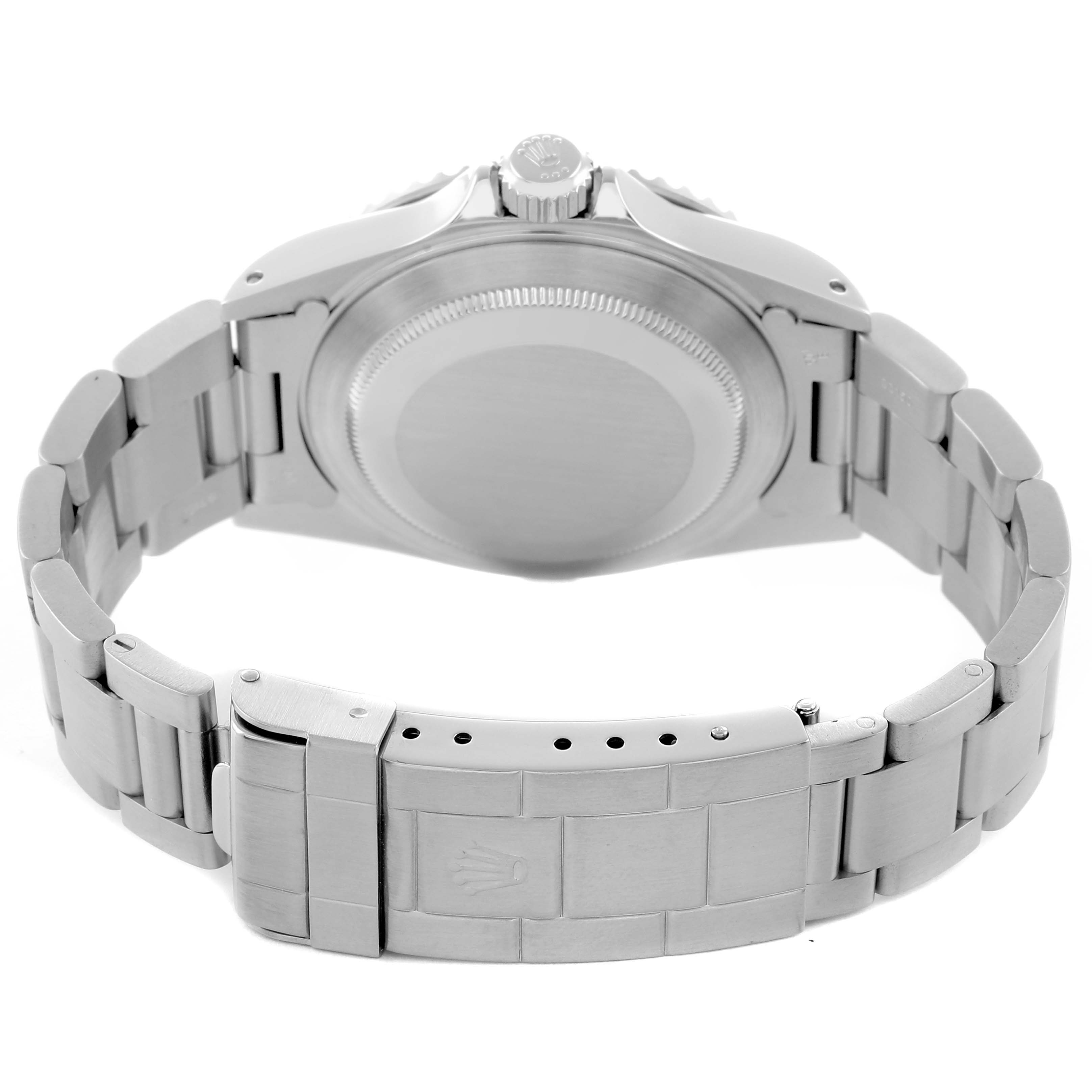 The image shows the back view of a Rolex Submariner 14060M Men's Stainless Steel Black Dial, highlighting the case back, bracelet, and clasp.