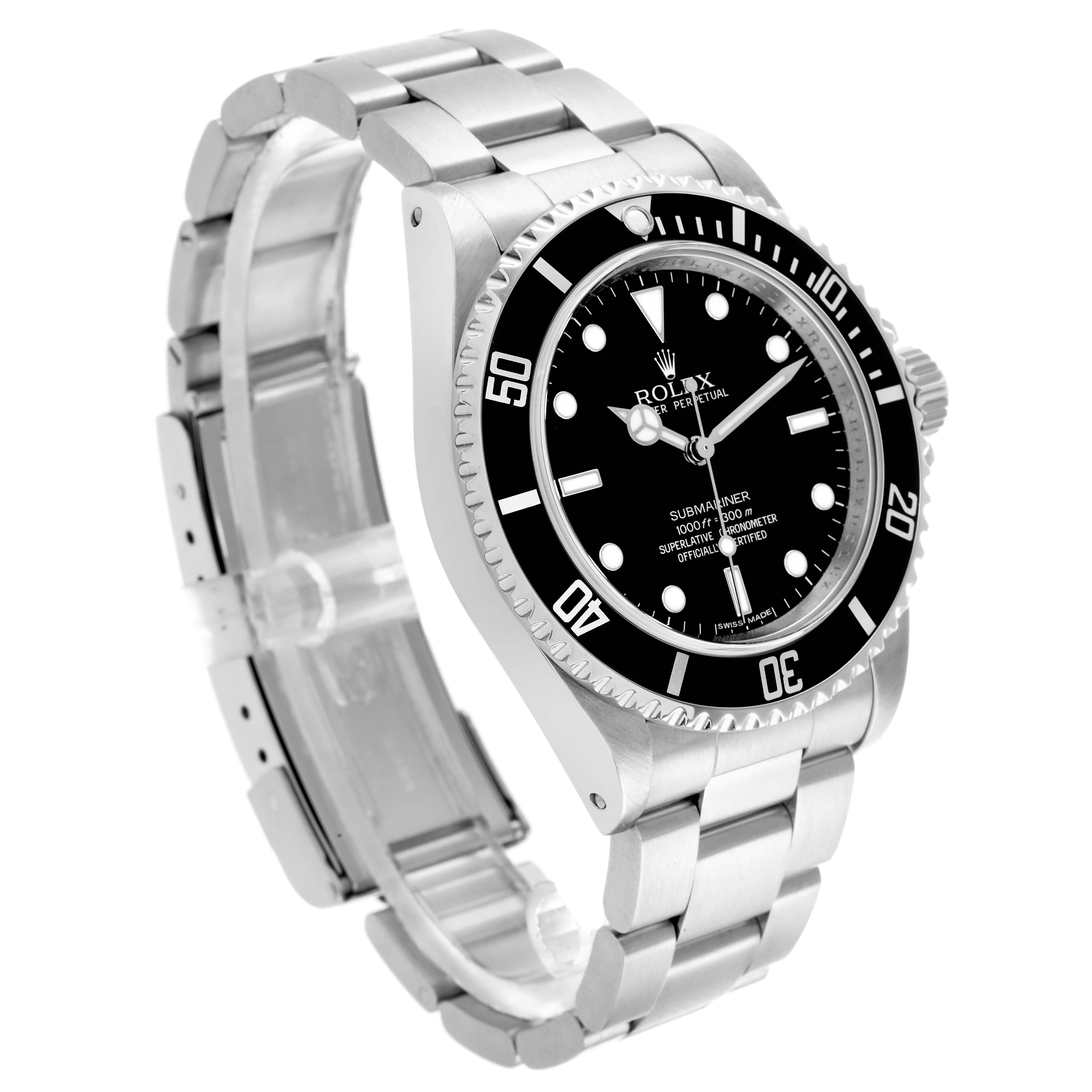 The Rolex Submariner 14060M Men's Stainless Steel Black Dial watch is shown at a three-quarter angle, highlighting the dial, bezel, crown, and stainless steel bracelet.