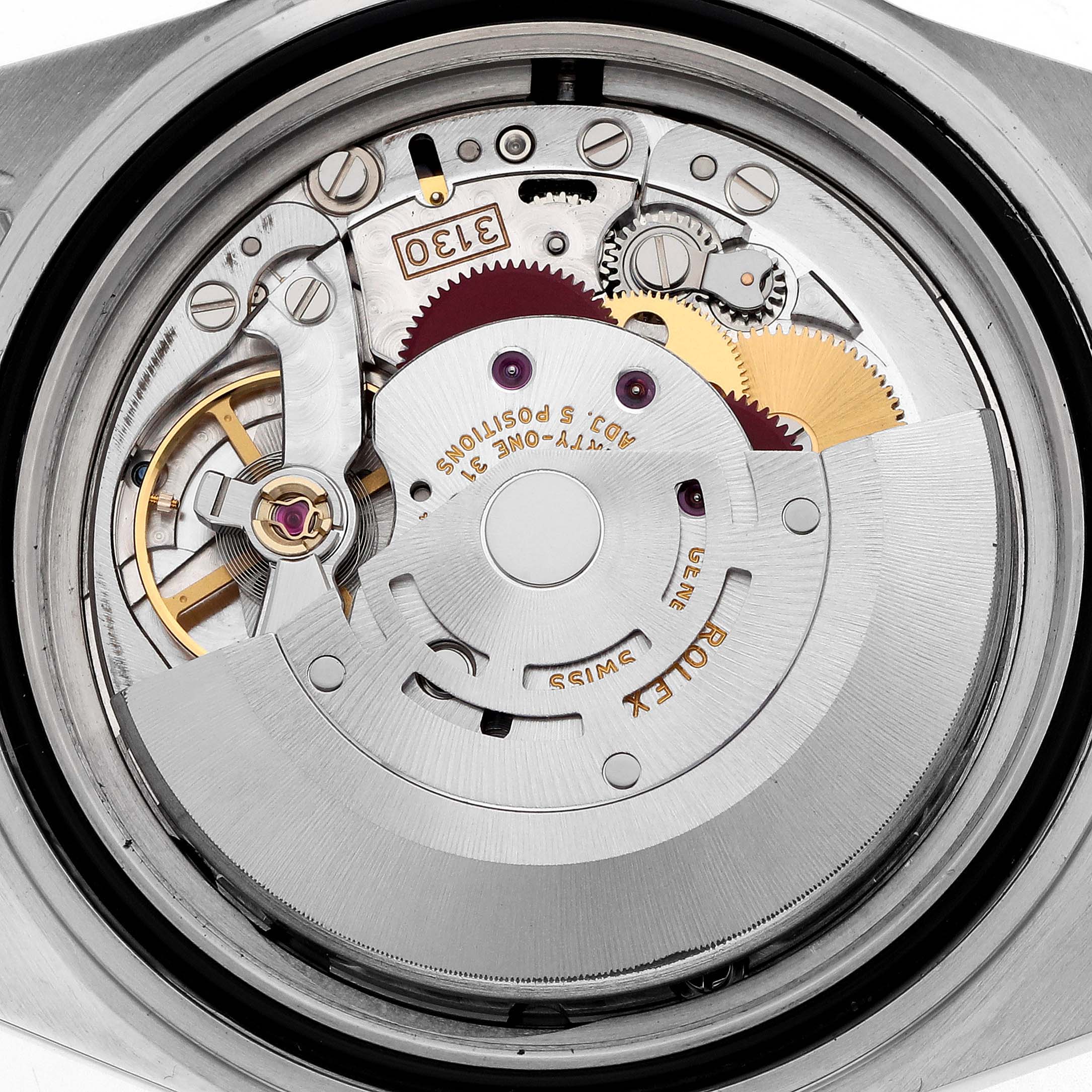 This image shows the internal movement of a Rolex Submariner 14060M Men's Stainless Steel Black Dial watch from a top-down perspective.