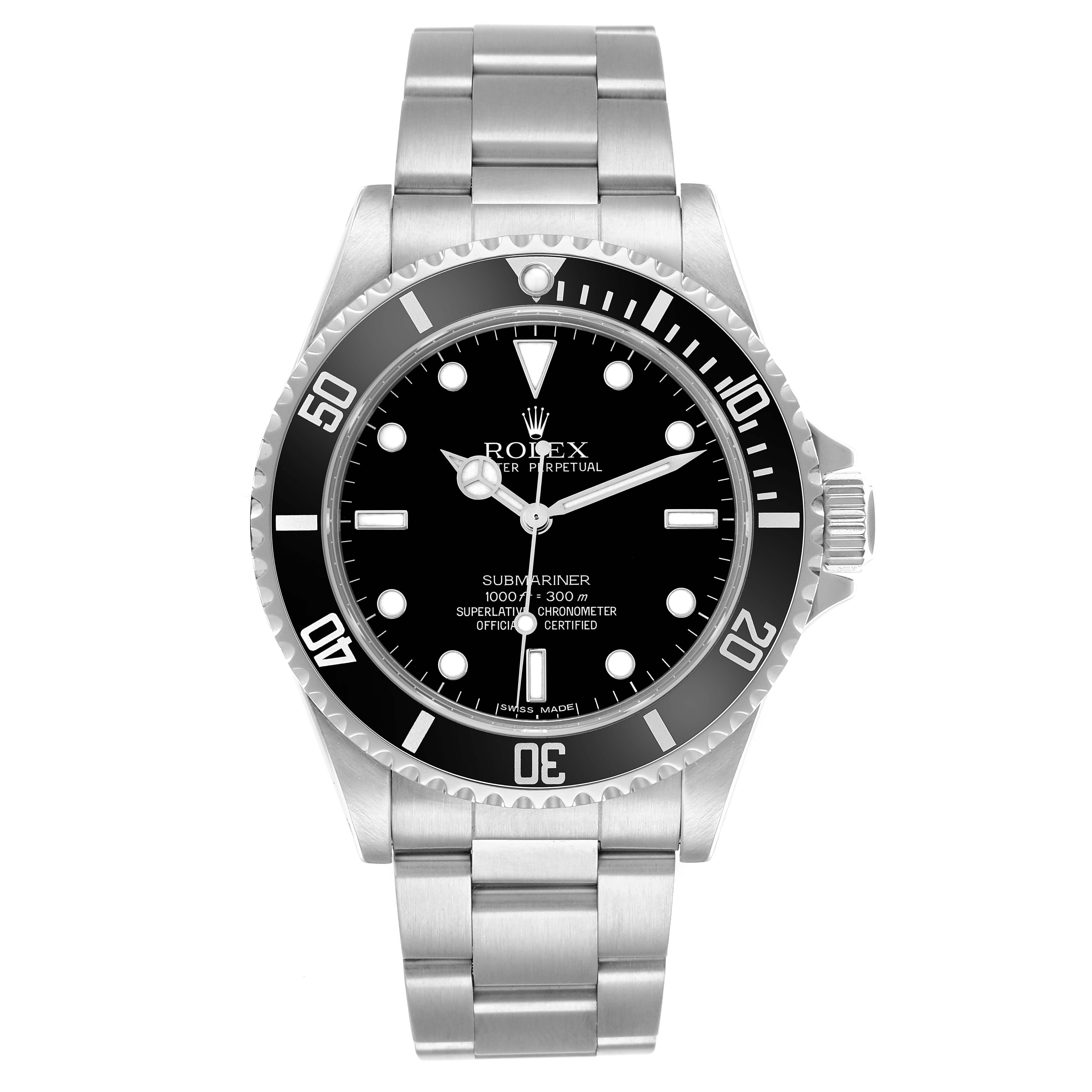 The Rolex Submariner 14060M Men's Stainless Steel Black Dial watch is shown from the front, highlighting the dial, bezel, and bracelet.