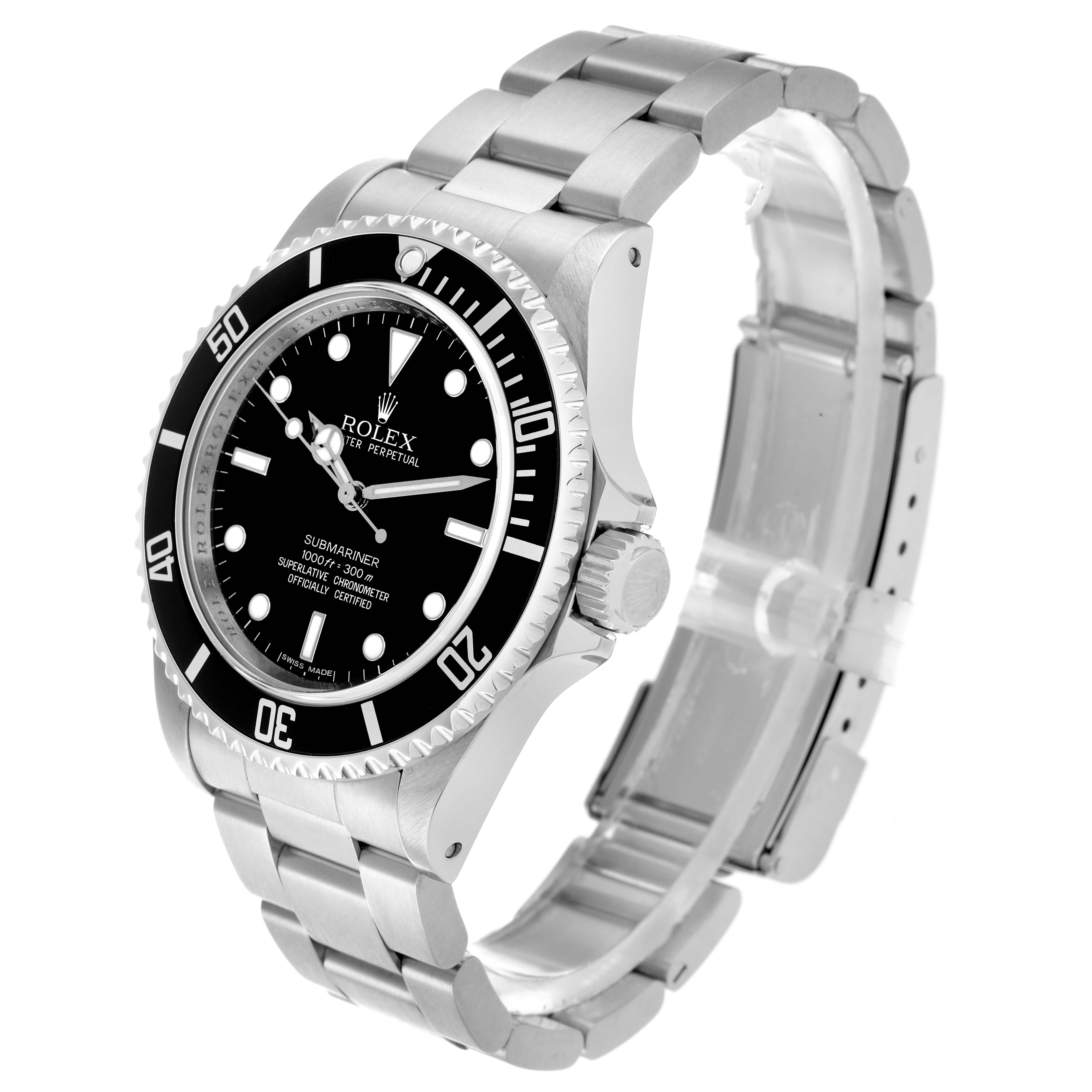 The Rolex Submariner 14060M Men's Stainless Steel Black Dial watch is shown at a three-quarter angle, highlighting the black dial, bezel, case, bracelet, and crown.