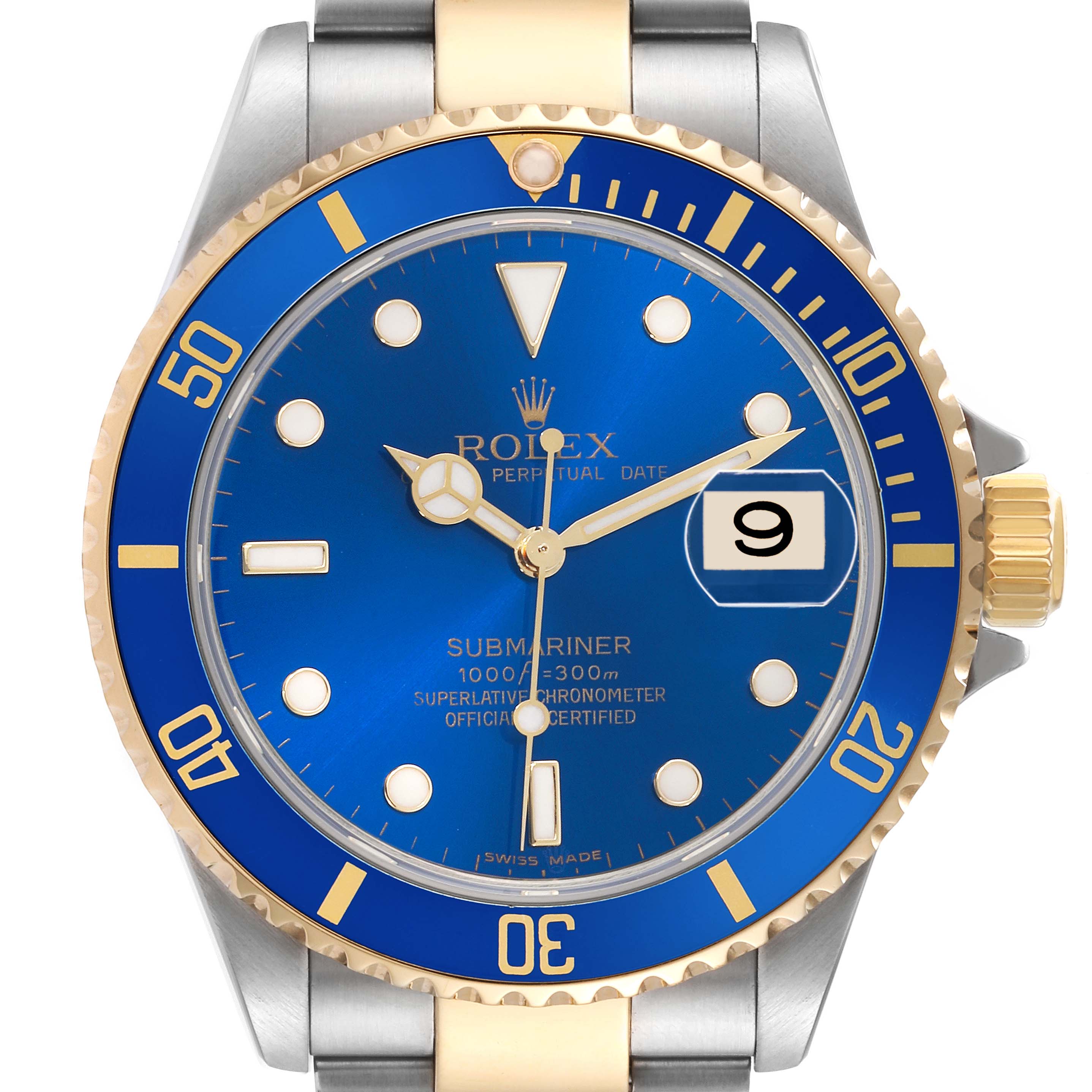 The Rolex Submariner 16613 Men's Steel and Gold (two tone) Blue Dial watch is shown from a front angle, displaying the face, bezel, and part of the bracelet.