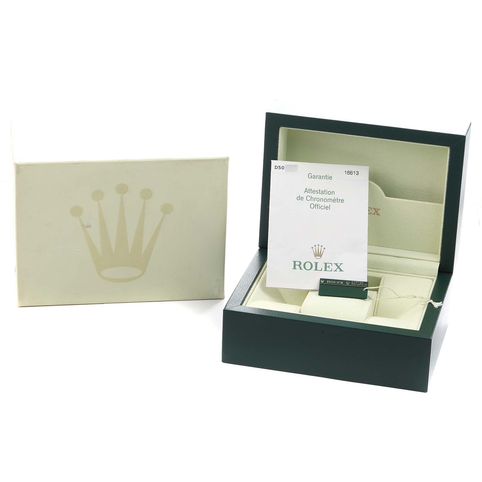 The image shows the box and documentation of a Rolex Submariner 16613 Men's Steel and Gold (two tone) Blue Dial, including warranty papers and a tag.