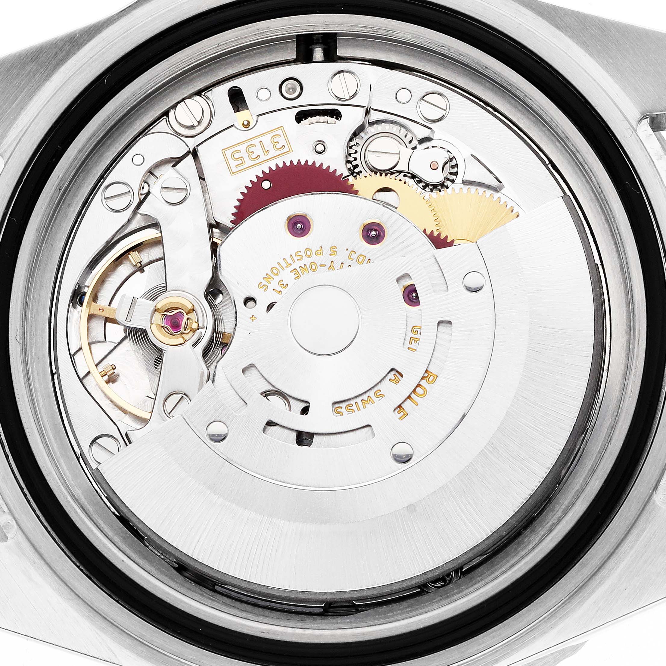 The image shows the back view of a Rolex Submariner 16613 Men's Steel and Gold (two tone) Blue Dial, highlighting its intricate movement and internal components.