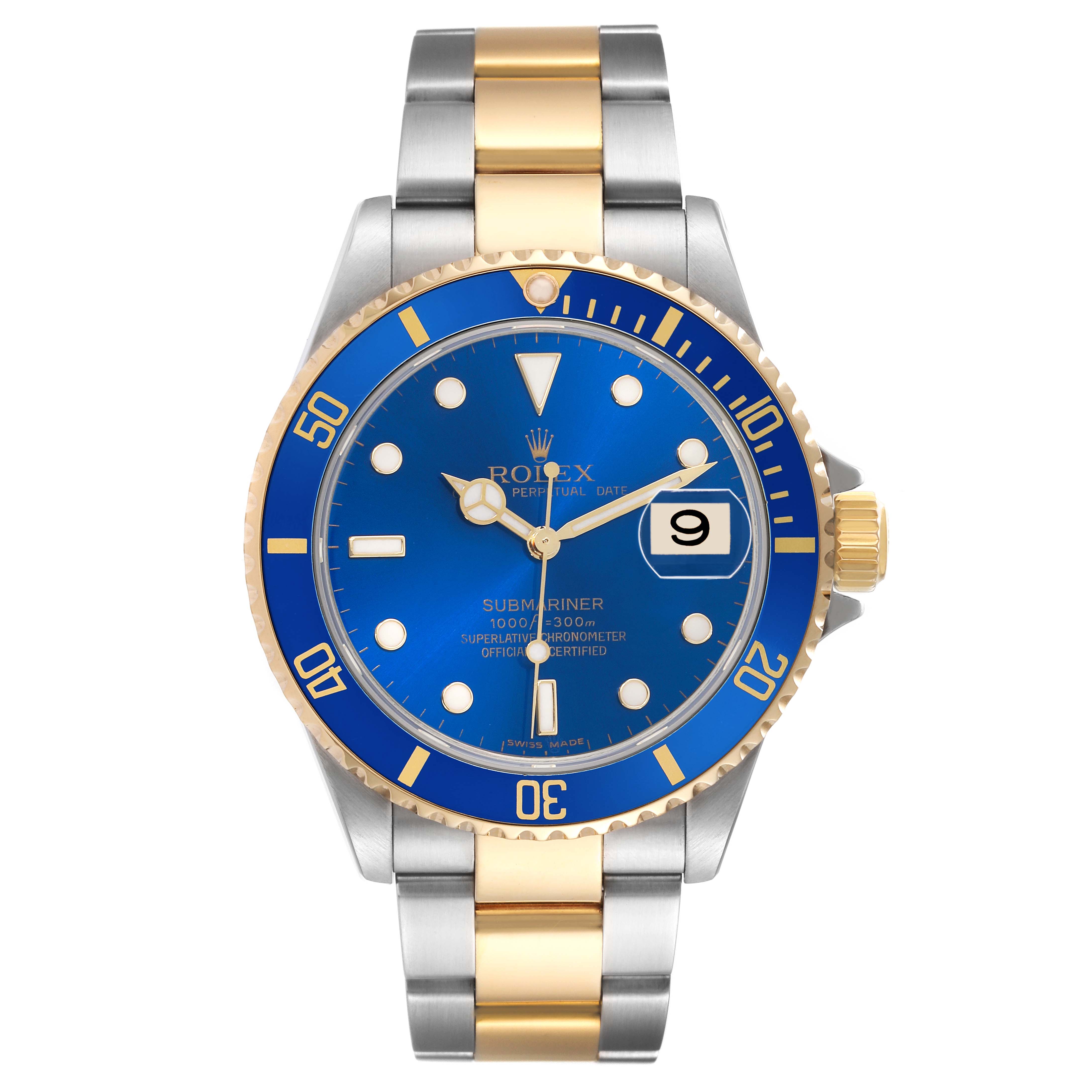 The Rolex Submariner 16613 Men's Steel and Gold (two tone) Blue Dial is shown from a front angle, featuring a blue dial, gold bezel, and a two-tone metal bracelet.
