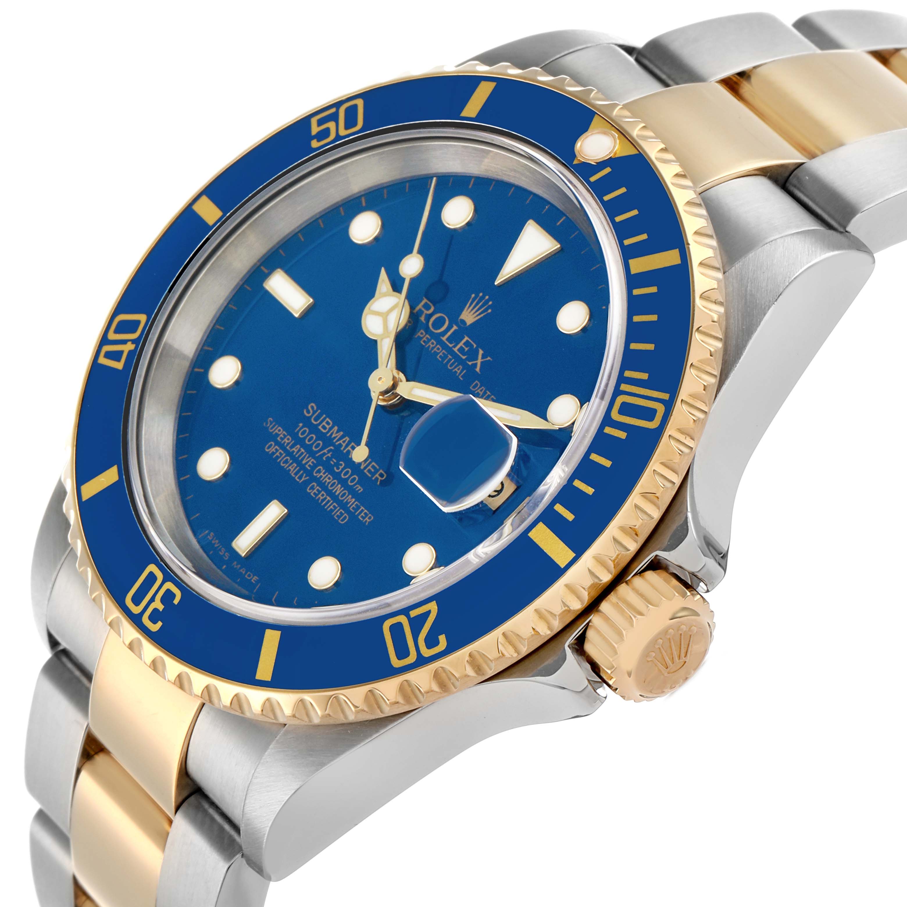 The Rolex Submariner 16613 Men's Steel and Gold (two tone) Blue Dial watch is shown at a slight angle, highlighting the blue dial, bezel, and crown.