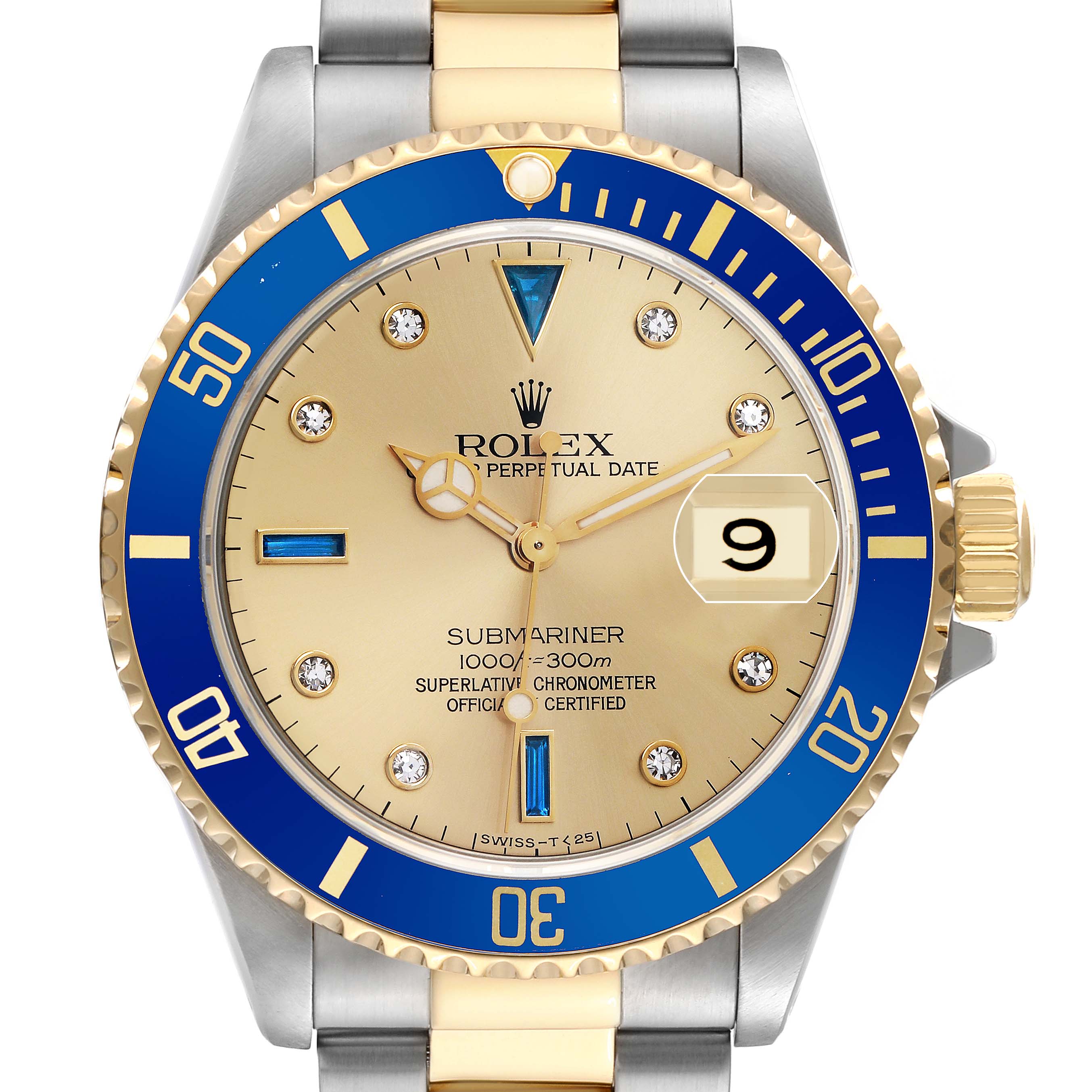 The Rolex Submariner 16613 Men's Steel and Gold (two tone) Champagne Dial watch is shown from a front angle, highlighting the blue and gold bezel, dial, and bracelet.