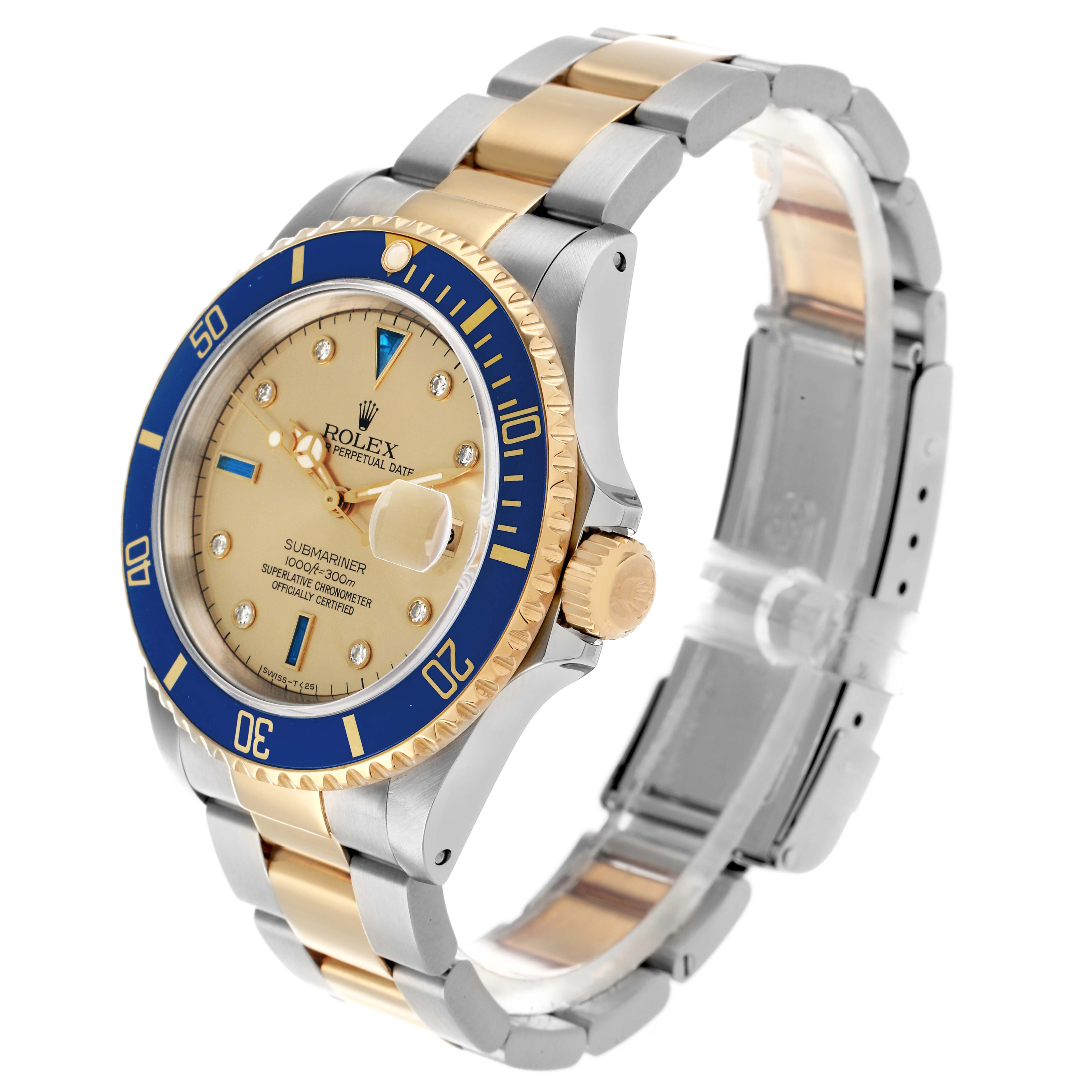The Rolex Submariner 16613 Men's Steel and Gold (two tone) Champagne Dial watch is shown at an angled side view, highlighting the bracelet, bezel, and crown.