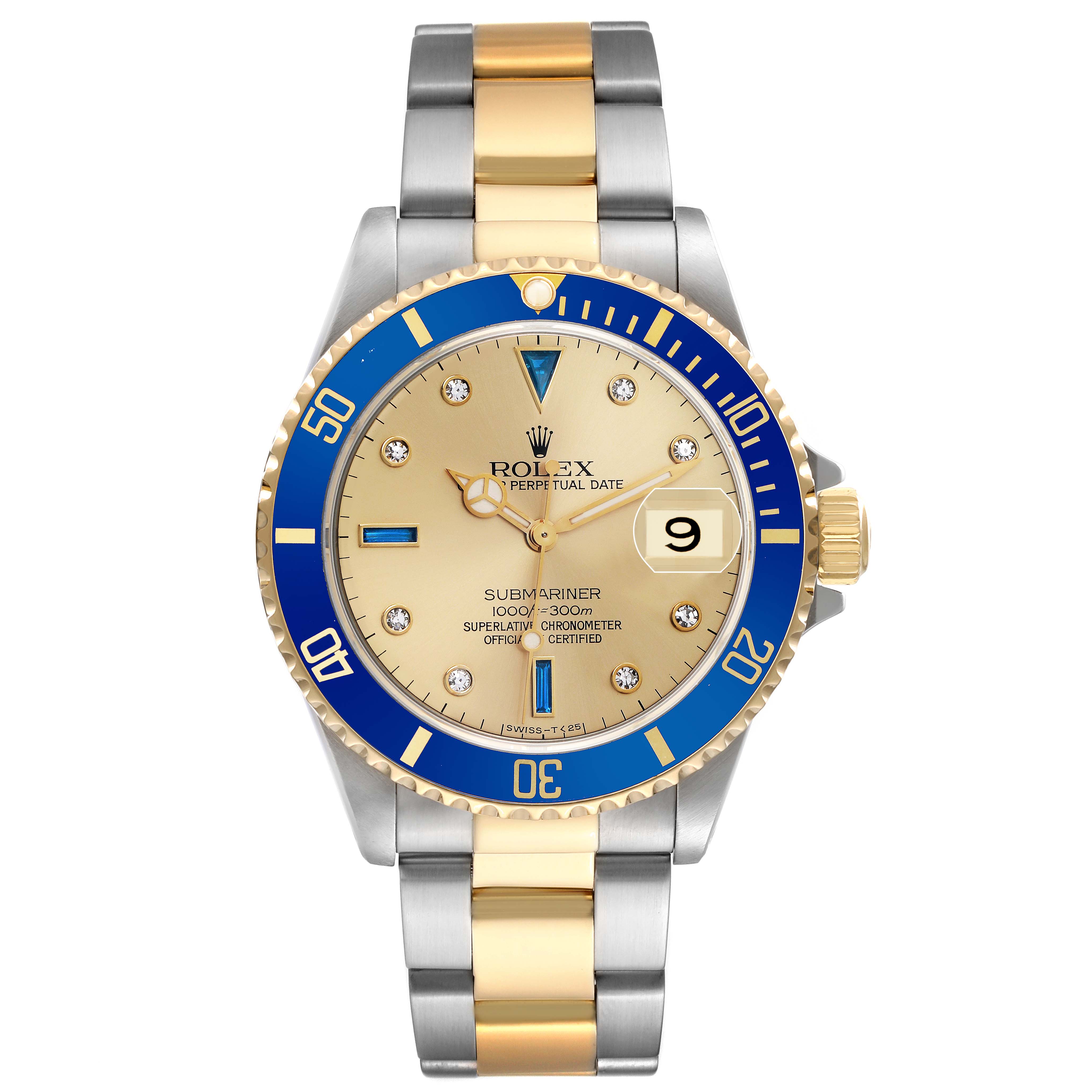 The Rolex Submariner 16613 Men's Steel and Gold (two tone) Champagne Dial watch is shown from a front angle, displaying the dial, bezel, and two-tone bracelet.