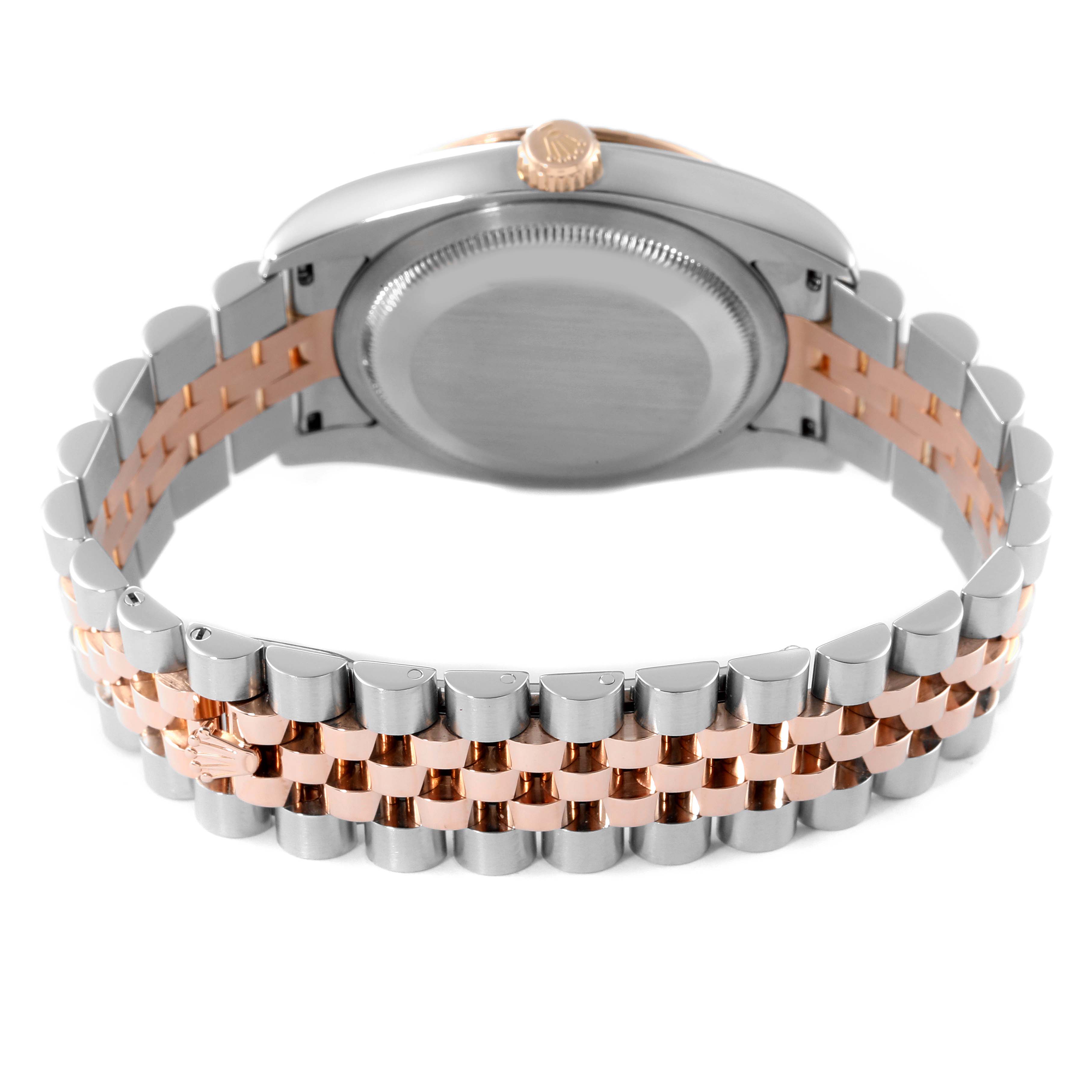 This image shows the back side and bracelet of a Rolex Turn-o-Graph 116261 Men
s Steel and Gold (two tone) White Dial 116261 Men
s Steel and Gold (two tone) White Dial watch, focusing on the case back and part of the crown.