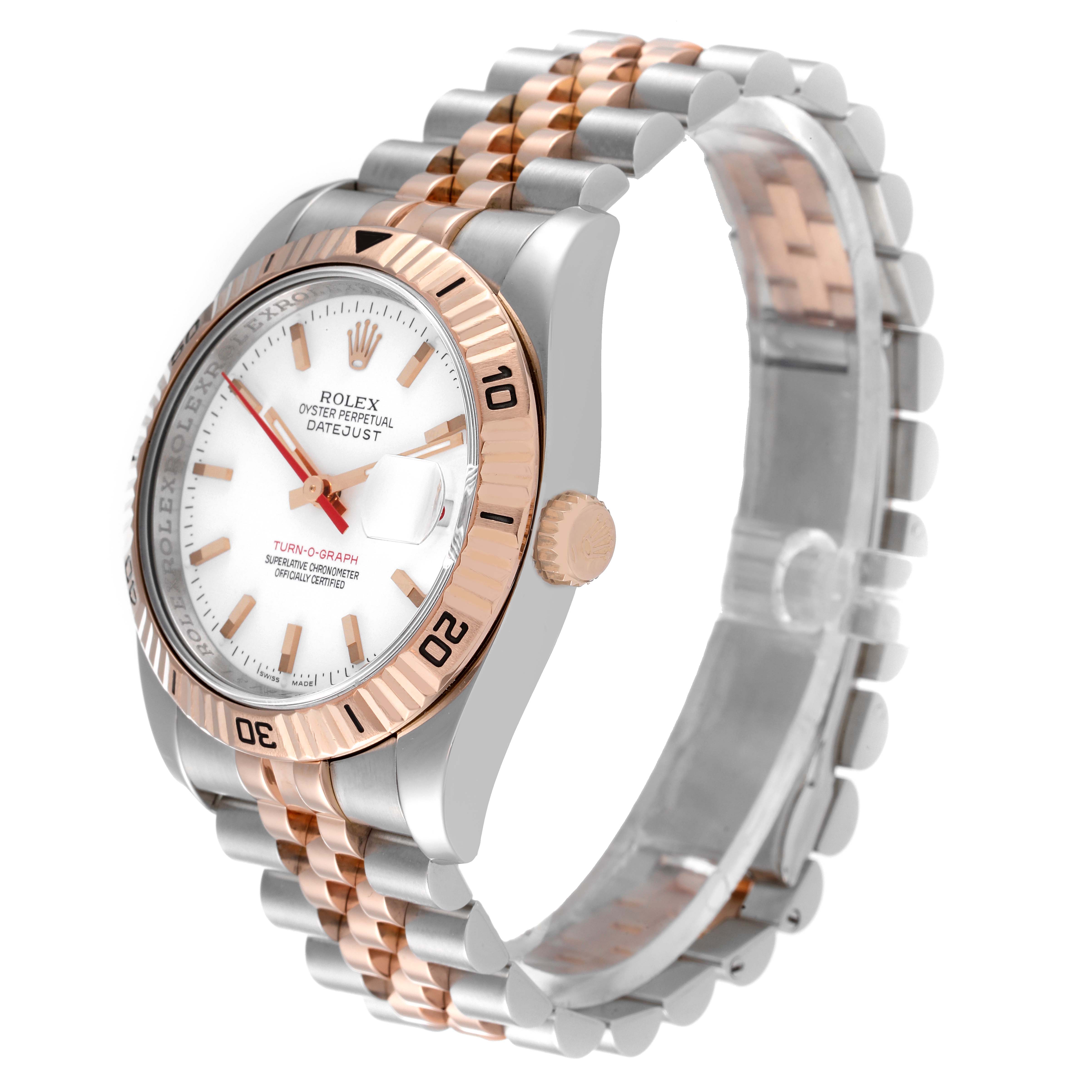 This Rolex Turn-o-Graph 116261 Men
s Steel and Gold (two tone) White Dial 116261 Men
s Steel and Gold (two tone) White Dial watch is shown at a side-angle, highlighting the face, bezel, crown, and two-tone bracelet.