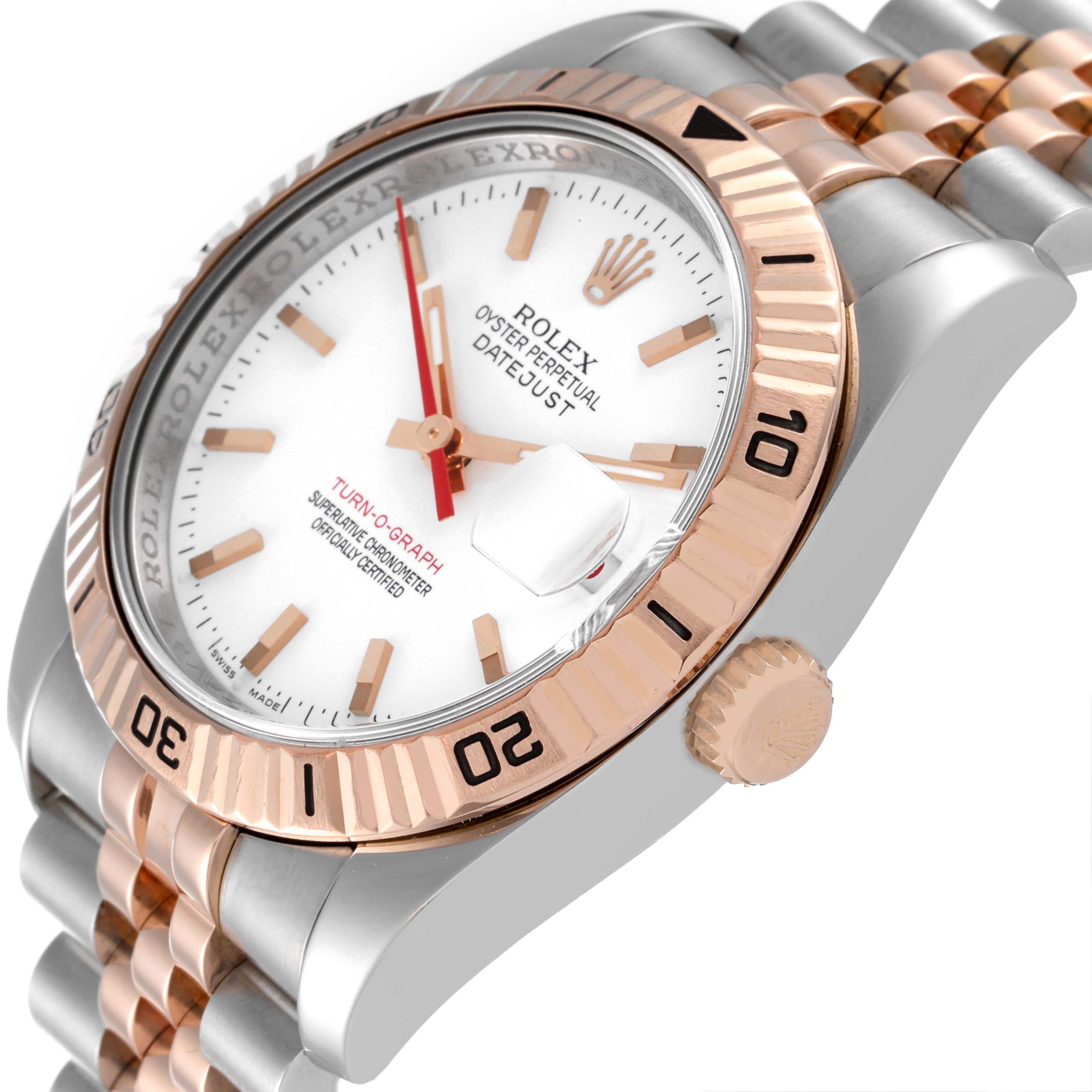 The image shows a close-up angled view of the face, bezel, and part of the band of the Rolex Turn-o-Graph 116261 Men
s Steel and Gold (two tone) White Dial 116261 Men
s Steel and Gold (two tone) White Dial watch.