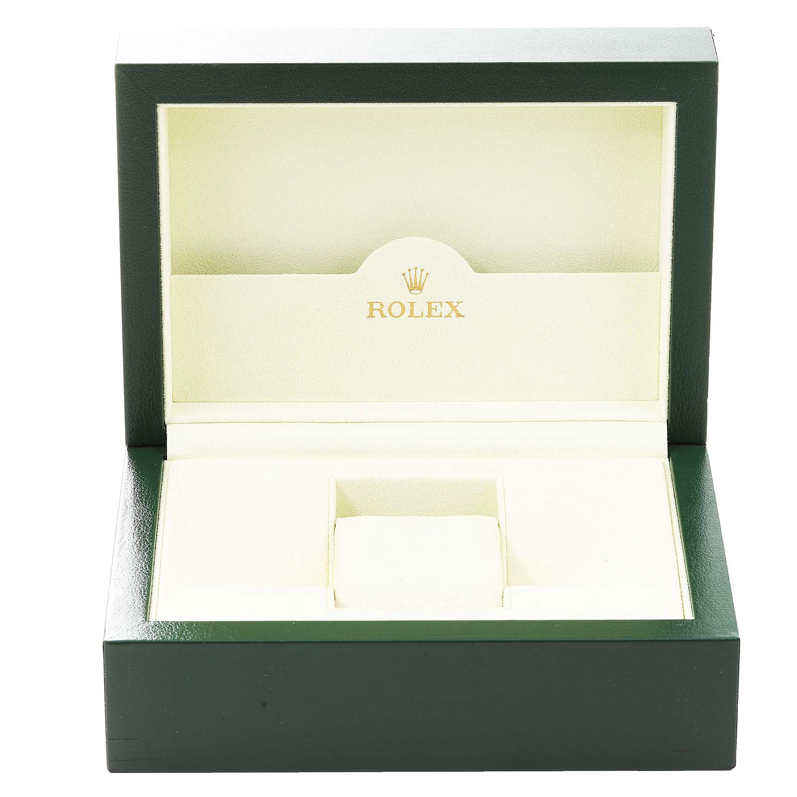 This image shows an empty Rolex Turn-o-Graph 116261 Men
s Steel and Gold (two tone) White Dial 116261 Men
s Steel and Gold (two tone) White Dial watch box, viewed from the front with the lid open.