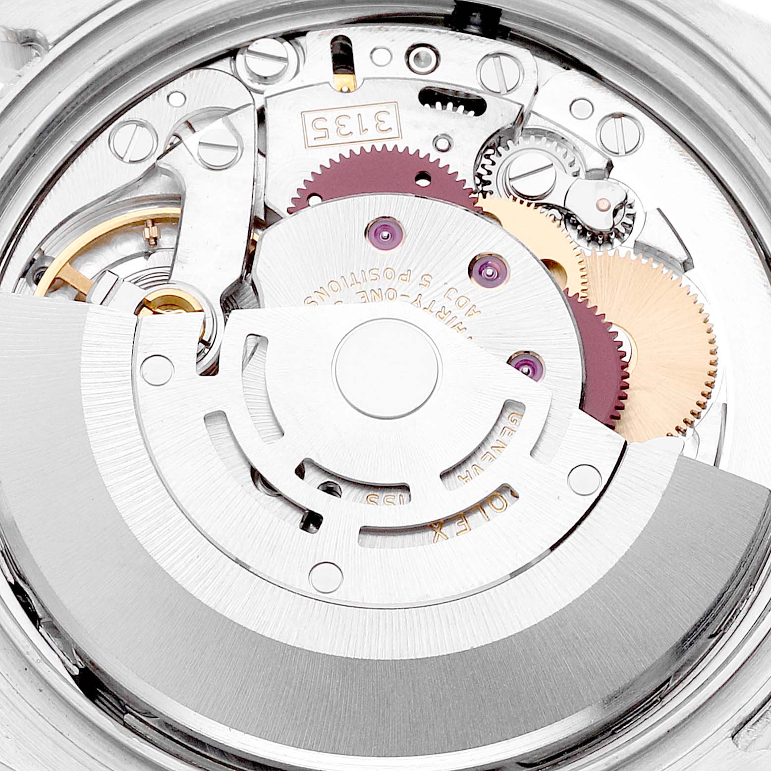 This image shows the movement and internal mechanisms of a Rolex Turn-o-Graph 116261 Men
s Steel and Gold (two tone) White Dial 116261 Men
s Steel and Gold (two tone) White Dial watch from a top-down angle.