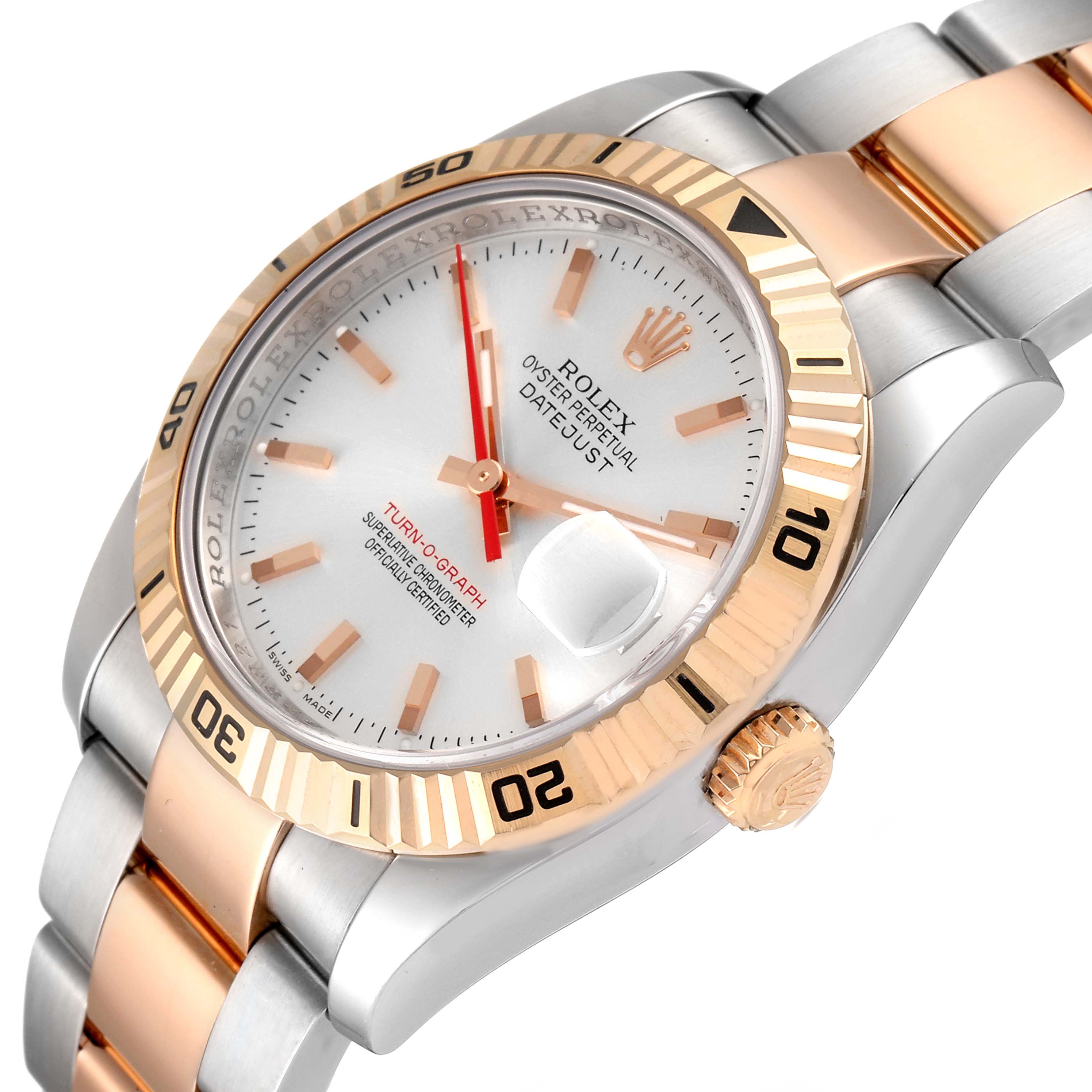 The image shows a top angle view of the Rolex Turn-o-Graph 116261 Men's Steel and Gold (two tone) Silver Dial 116261 Men's Steel and Gold (two tone) Silver Dial watch, highlighting its bezel, dial, date window, and crown.